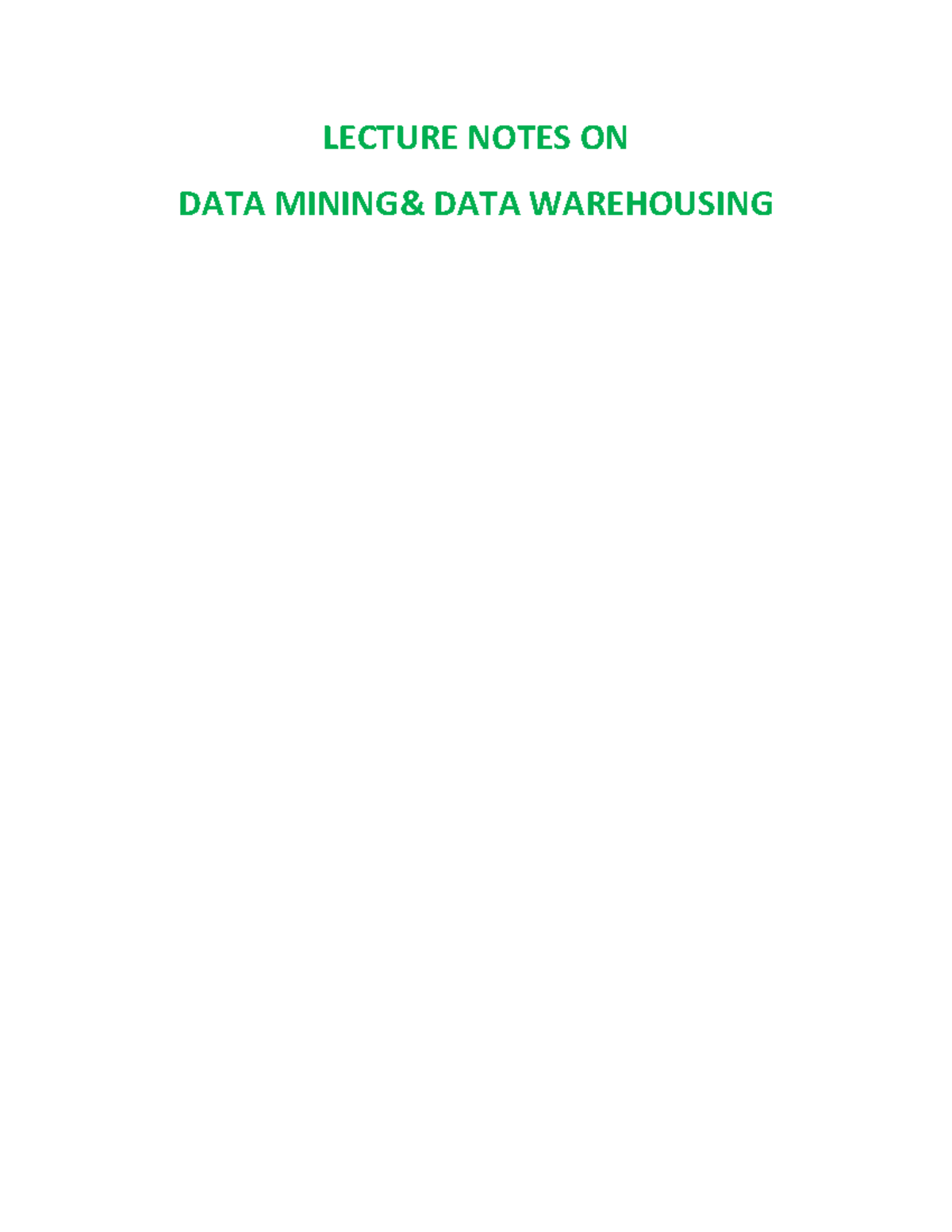 DWH 101: Lecture Notes on Data Warehousing Concepts and Techniques ...
