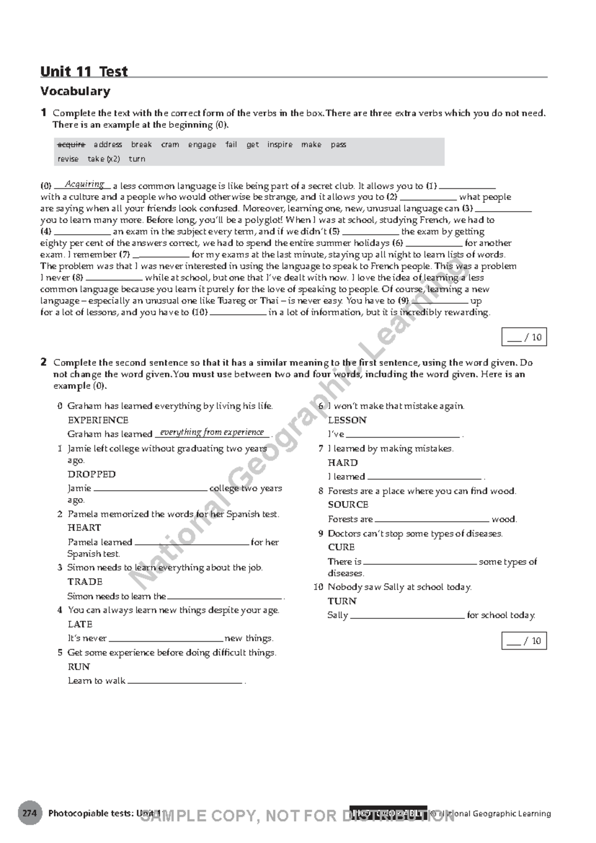 Unit 11 Test: Vocabulary Practice and Sentence Completion - Studocu