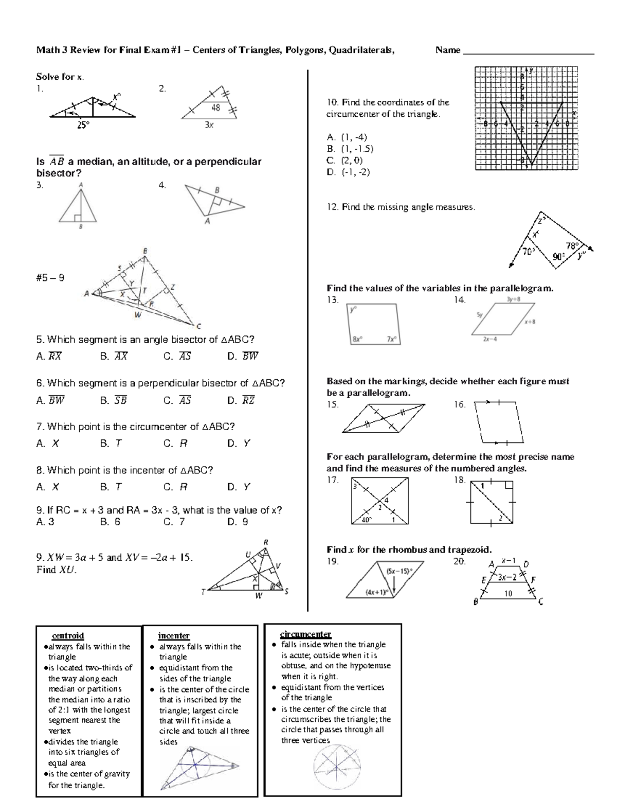 Math 3 Final Exam Review: Centers of Triangles, Polygons, and Functions ...