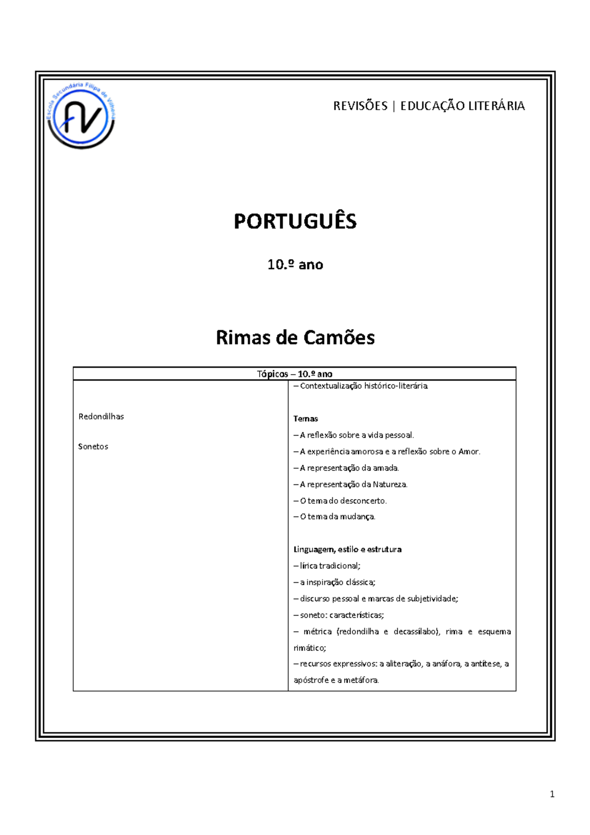 Rimas de Camões: Análise e Interpretação - 10.º Ano - Document Preview