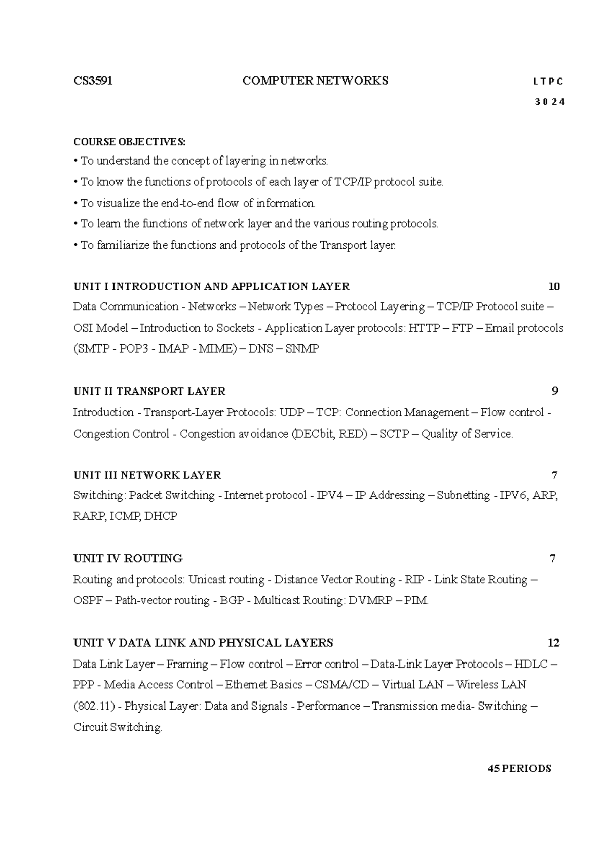 CS3591 Computer Networks Course Syllabus Overview and Objectives - Studocu