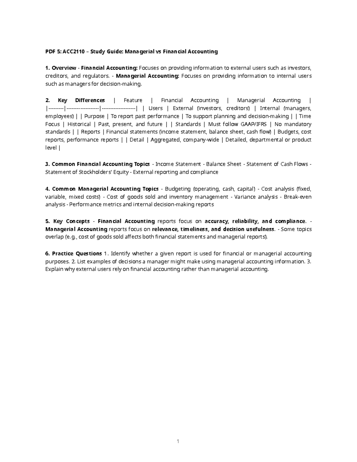 ACC2110 Study Guide: Key Differences in Managerial & Financial ...