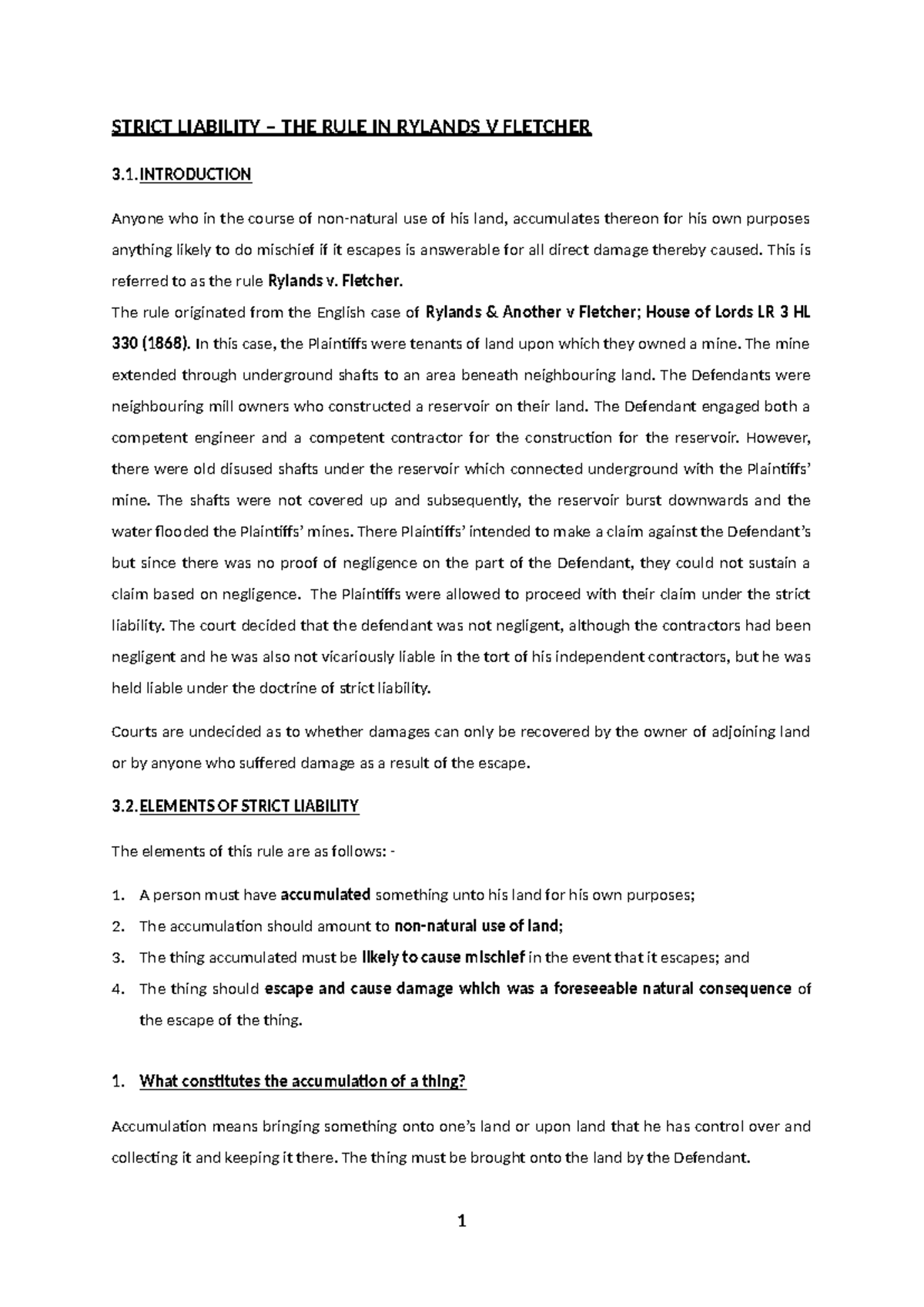 Strict Liability: The Rule in Rylands v Fletcher (3.1) Analysis - Studocu
