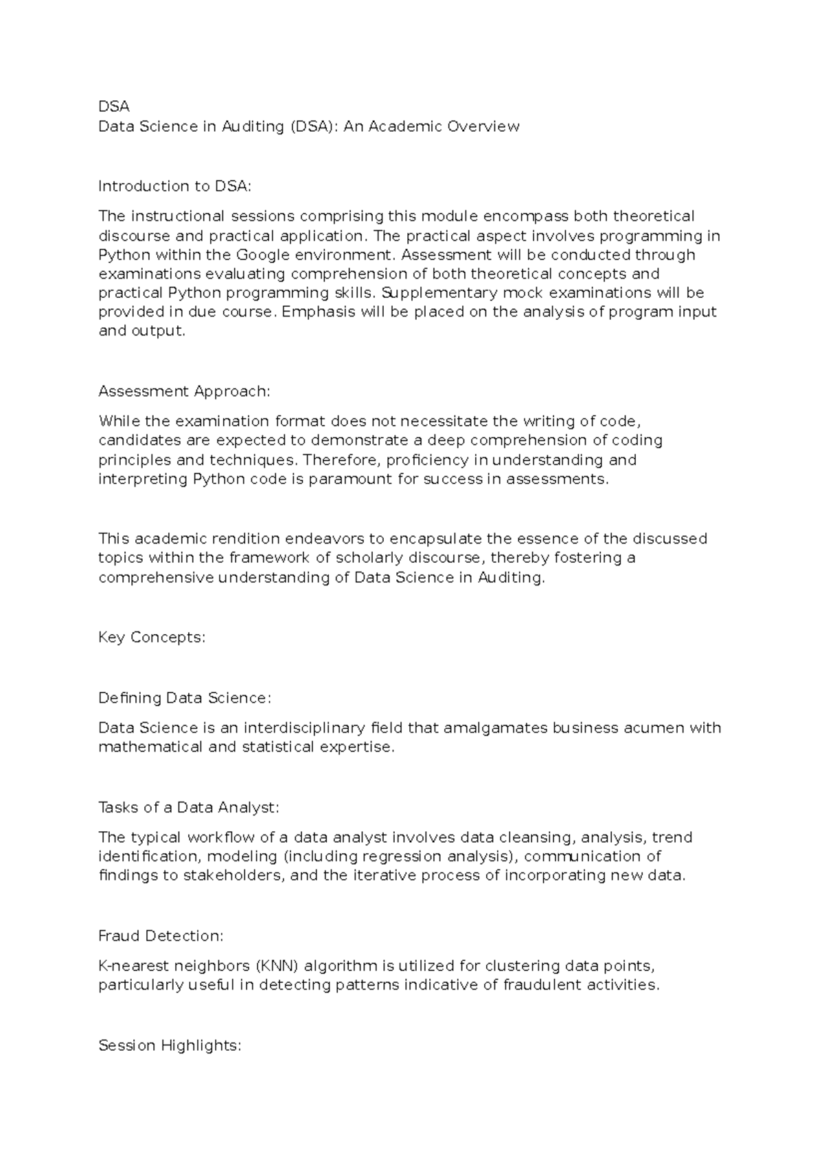 DSA: Data Science in Auditing Overview and Key Concepts - Studeersnel