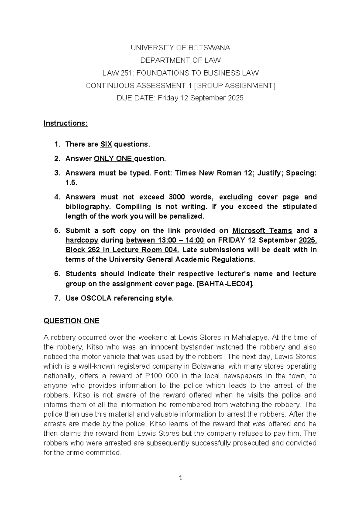 LAW 251: Foundations of Business Law - Continuous Assessment 1 (2025 ...