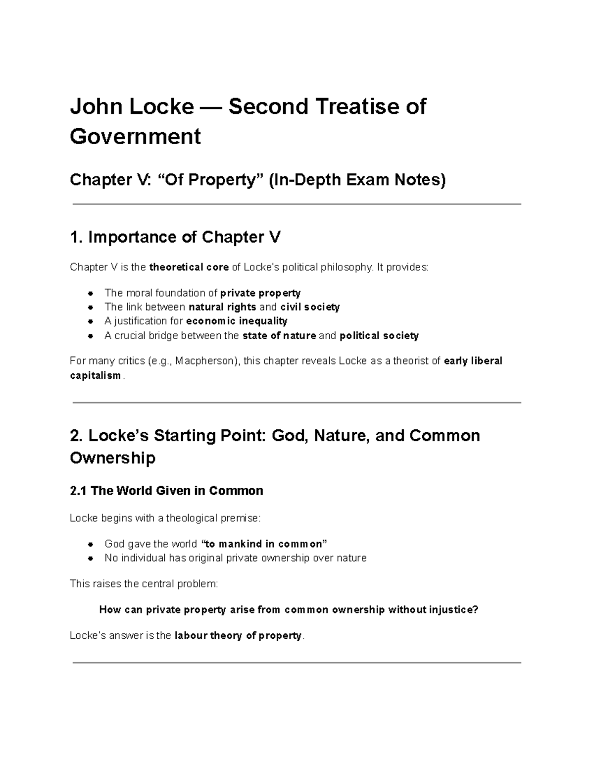 John Locke - Second Treatise of Government Chapter V: Exam Notes - Studocu