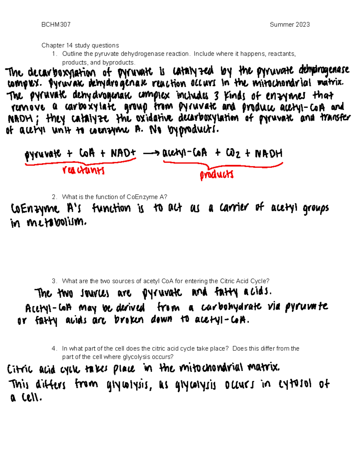 Ch. 14 - Citric Acid Cycle Study Guide and Key Reactions - Studocu