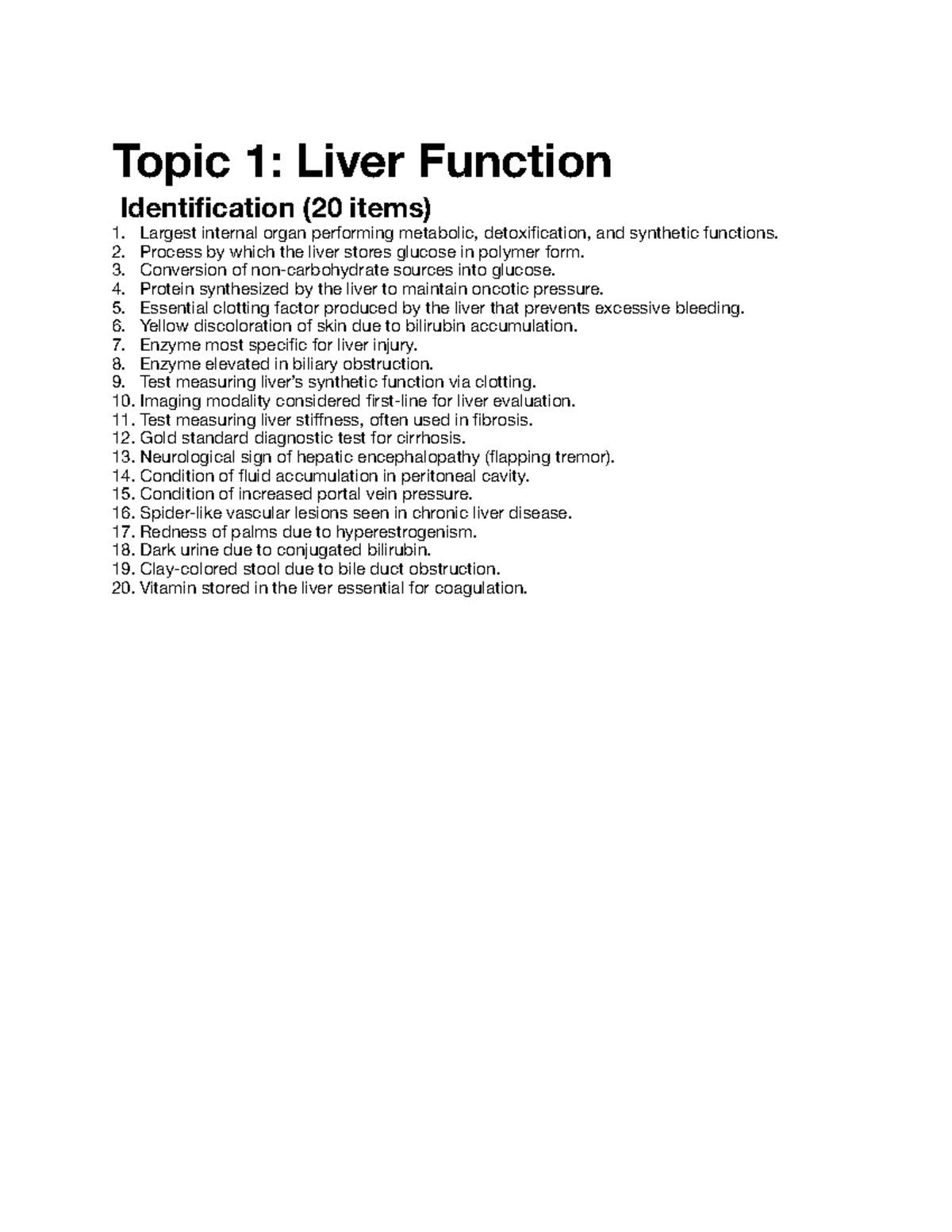 Quiz 1: Liver Function Identification (20 Items) - Studocu