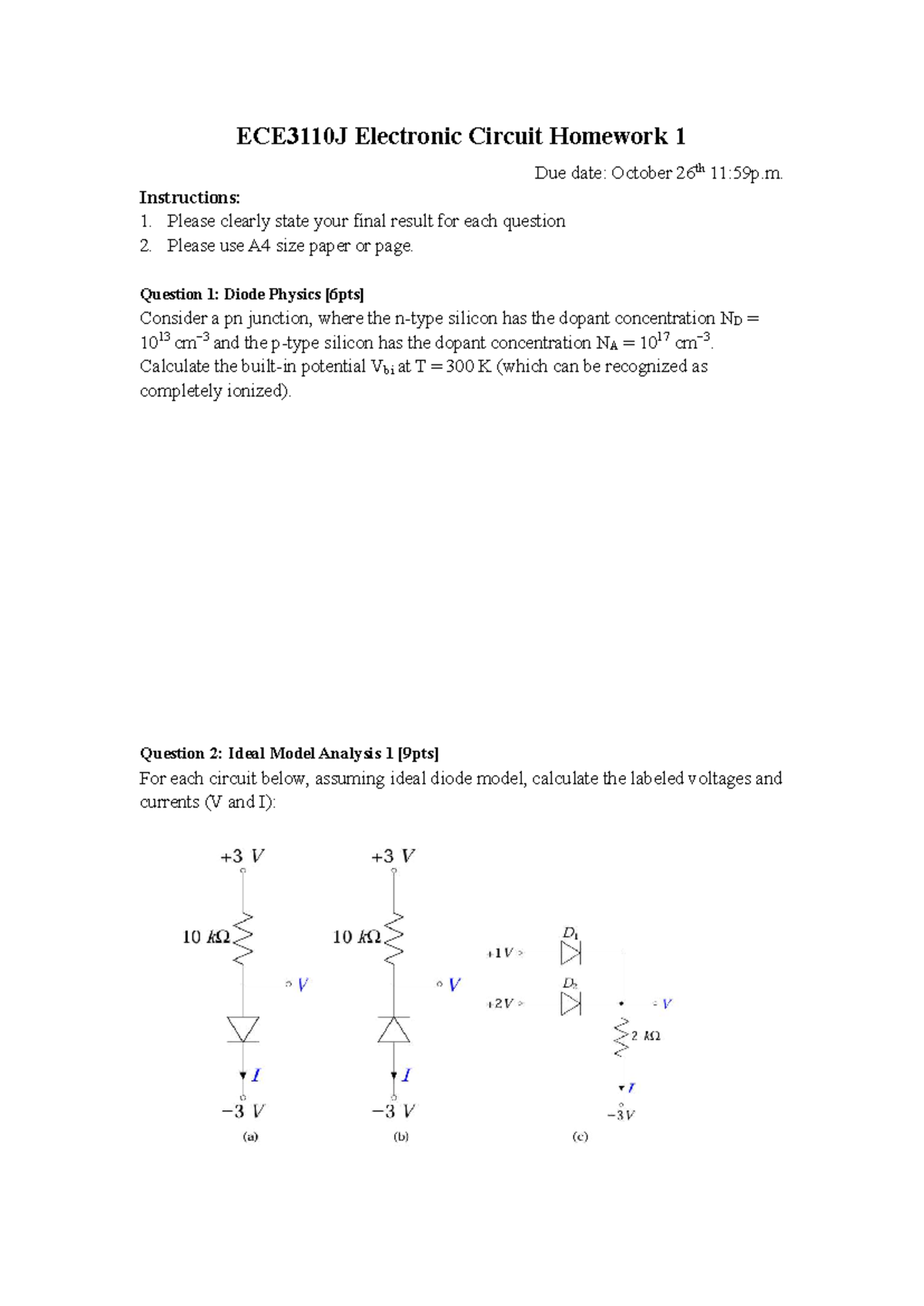 ECE3110J Electronic Circuit Homework 1: Diode Physics & Analysis - Studocu