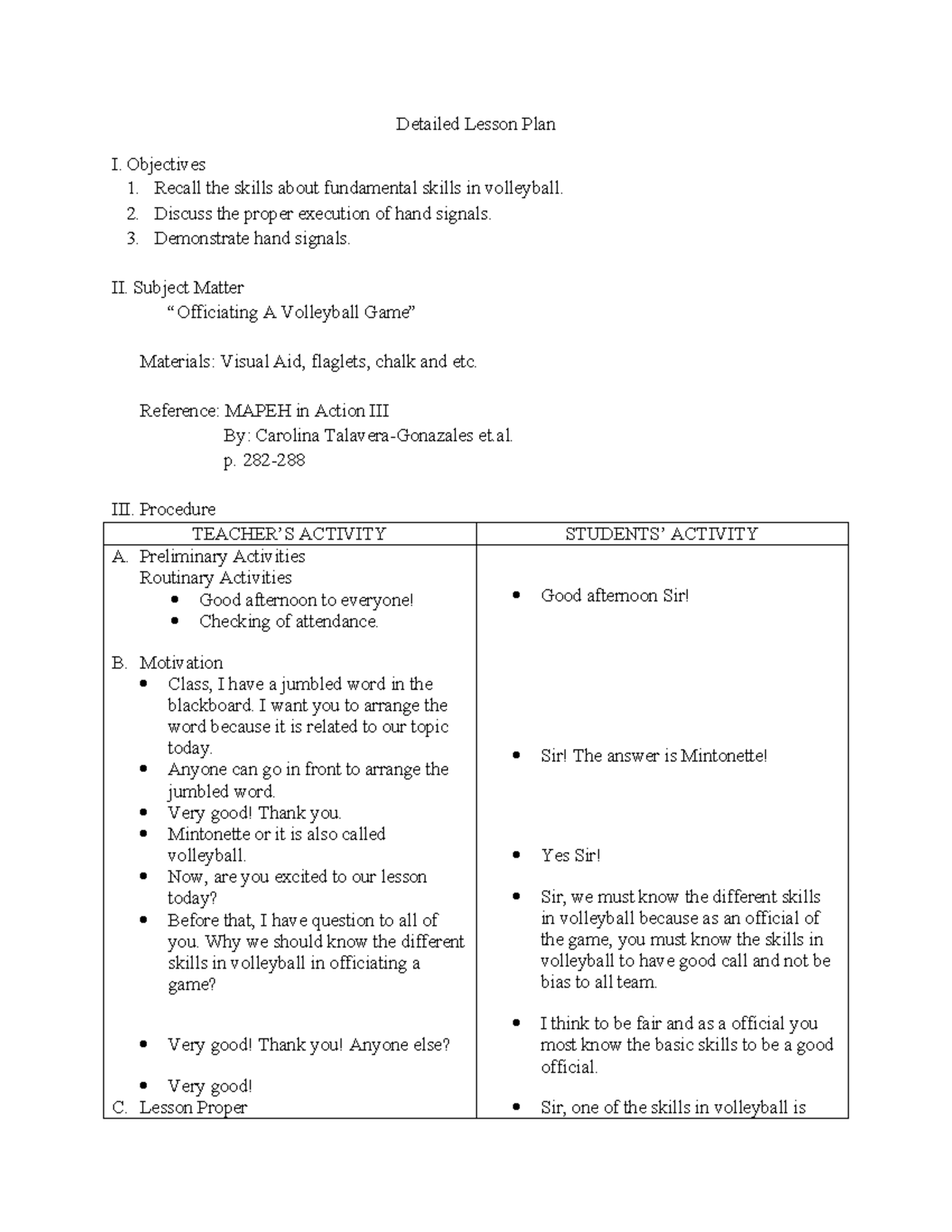 Detailed Lesson Plan I: Volleyball Skills & Hand Signals - Studocu