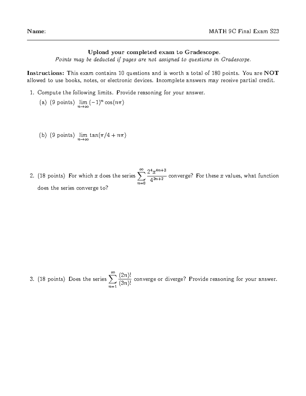 MATH 9C Final Exam S23: Comprehensive Exam Instructions and Questions ...
