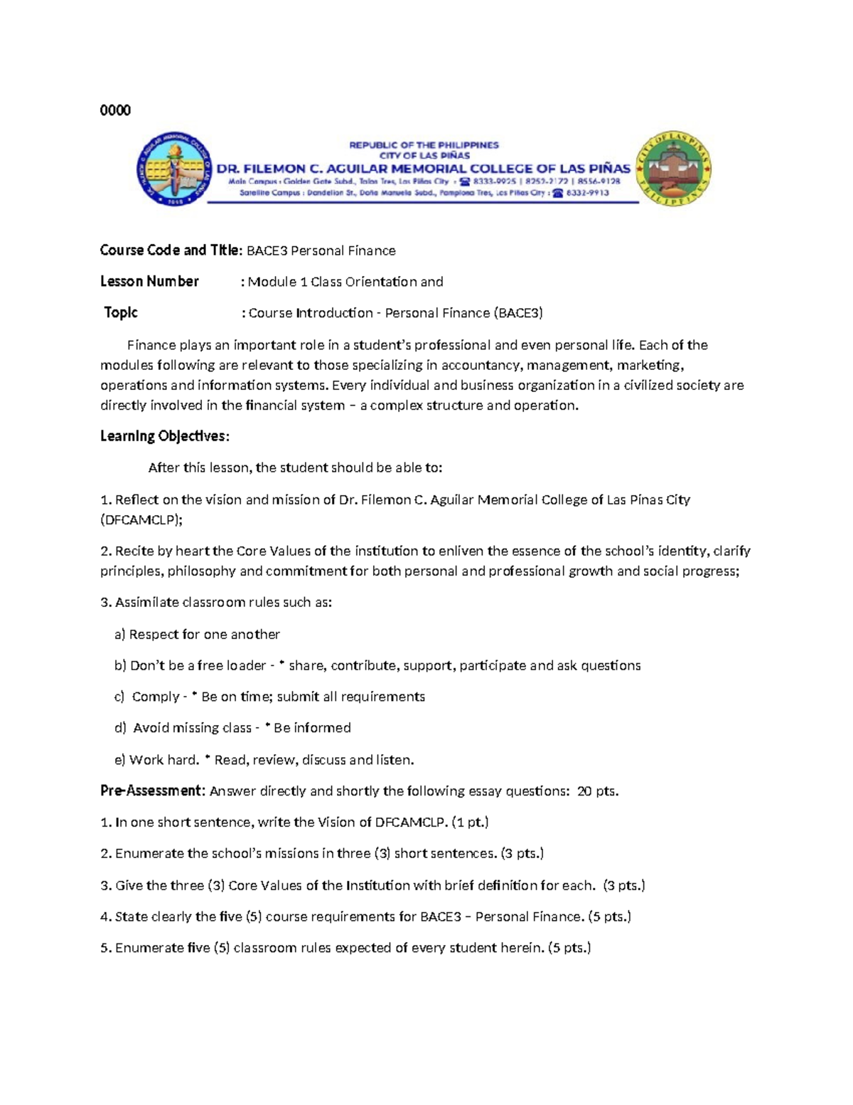 BACE3 Personal Finance: Comprehensive Lesson Modules 1-8 Overview - Studocu