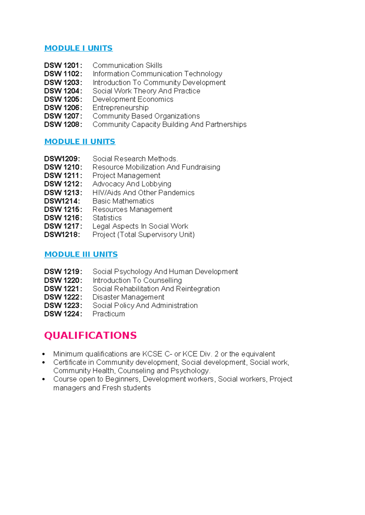 Diploma in Social Work: DSW 1201-1224 Course Units Overview - Studocu