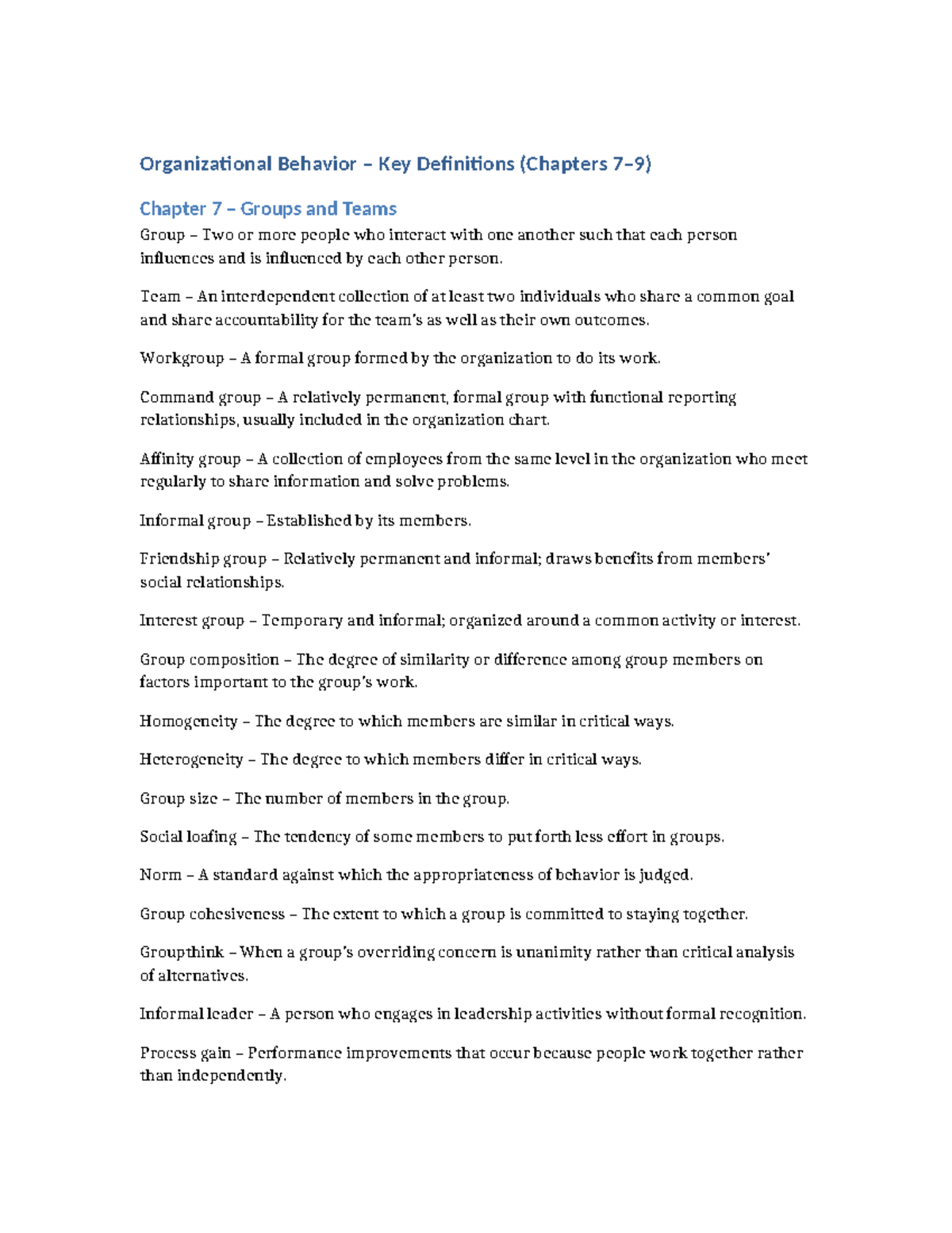 Organizational Behavior Concepts – Key Definitions (Chapters 7-9) - Studocu