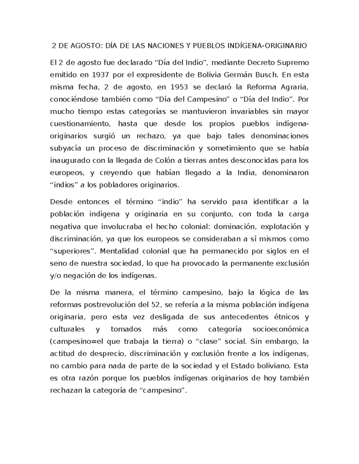 Día de los Pueblos Indígenas y Campesinos en Bolivia - 2 de Agosto - Document Preview
