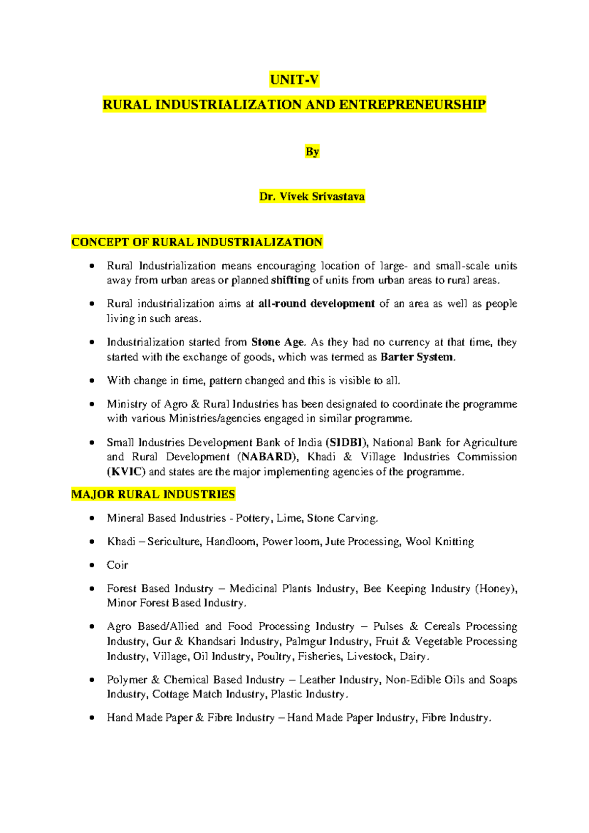 RDAP Unit V - Insights on Rural Industrialization & Entrepreneurship ...