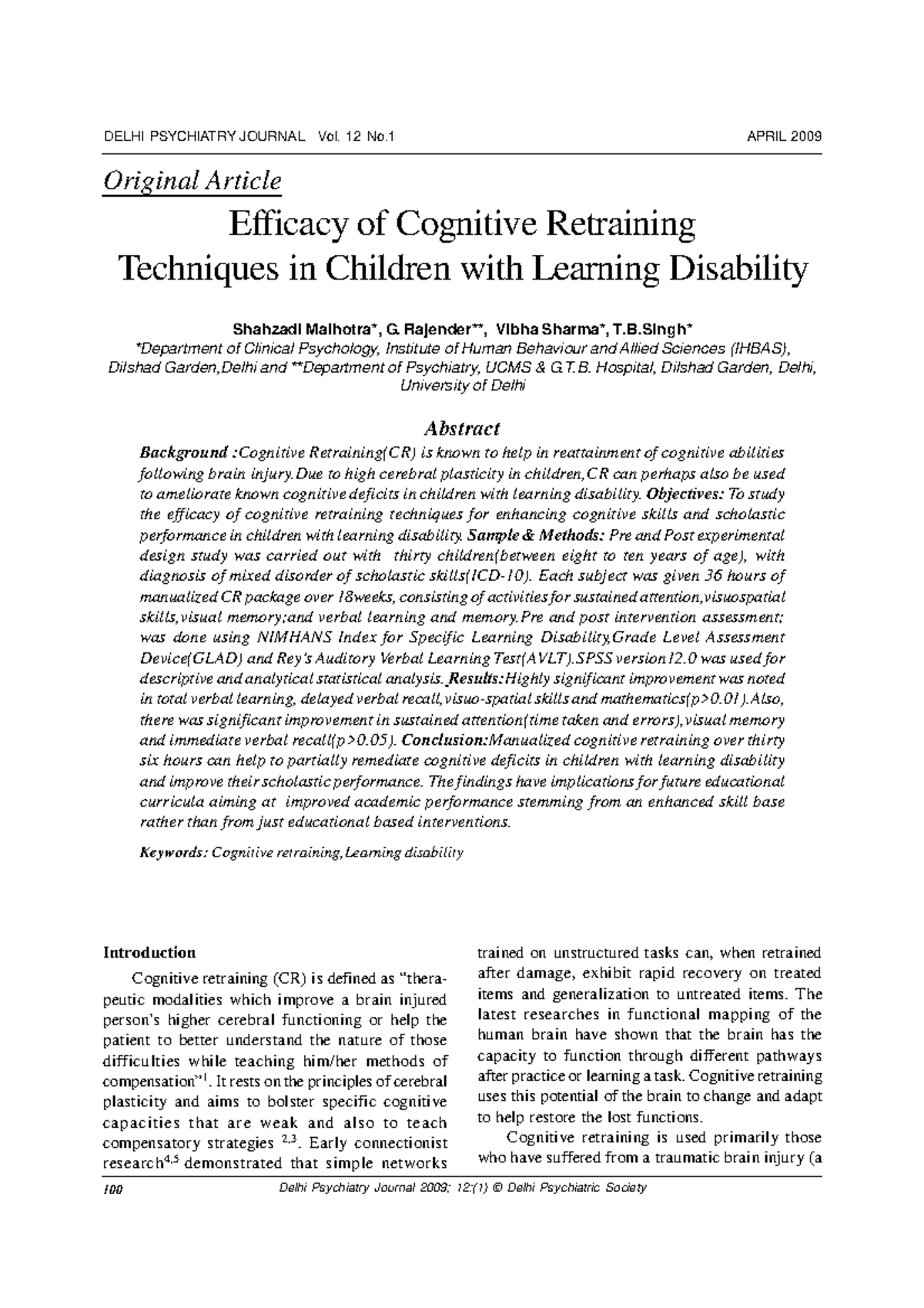 Efficacy of Cognitive Retraining Techniques in Children with Learning ...