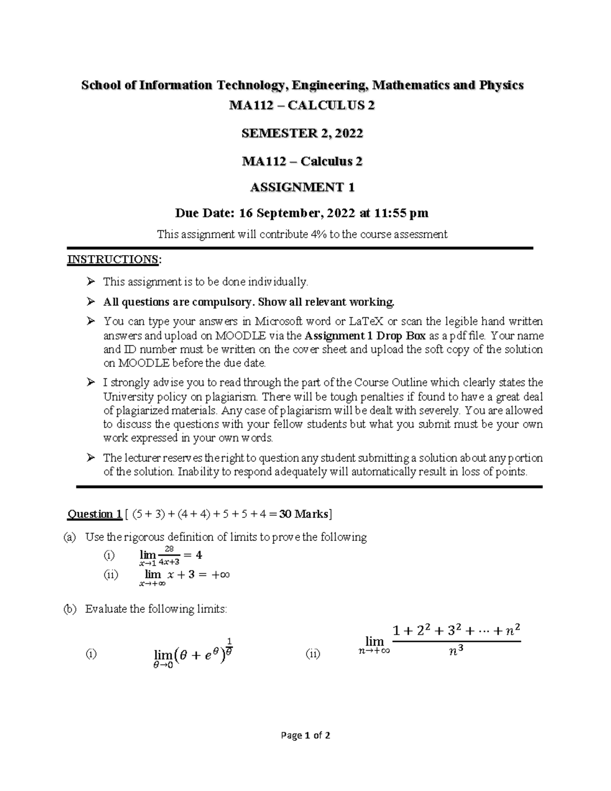 MA112 Assignment 1 Guidelines and Instructions S2 2022 - Studocu