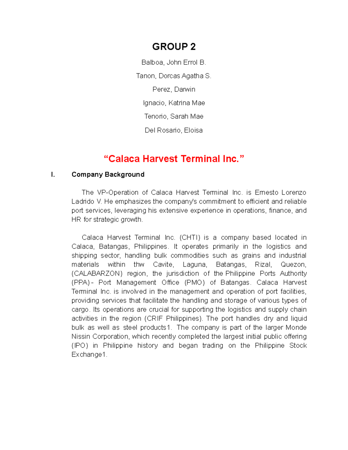 Group 2 - BA2201 - Calaca Harvest Terminal Inc. Overview - Studocu