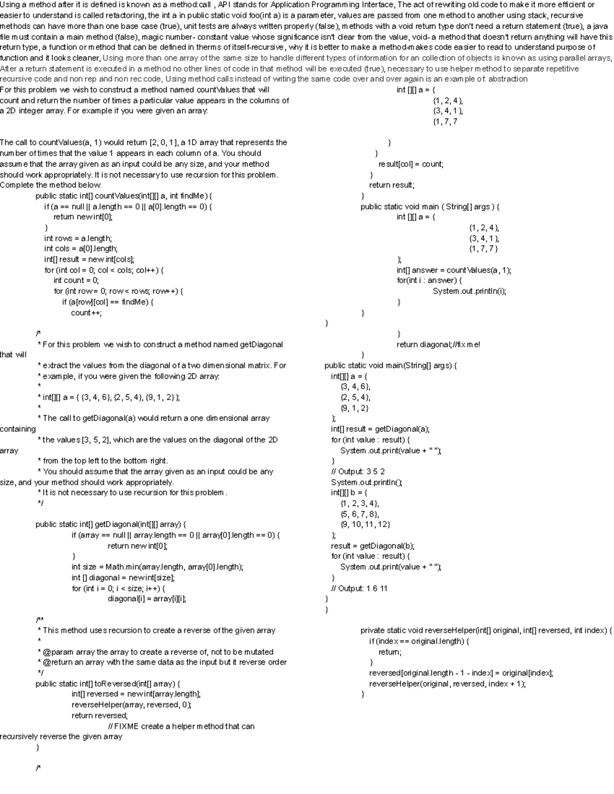 CS Exam 2 Cheat Sheet - Using a method after it is defined is known as ...