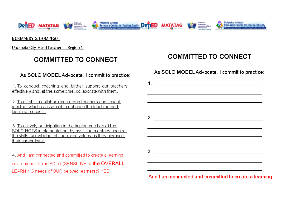 SOLO Model Commitment Form - Urdaneta City - Normandy Domingo - Studocu