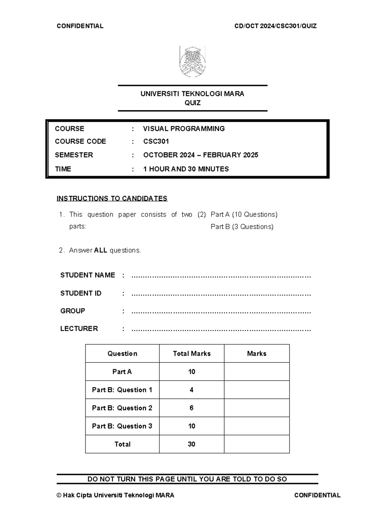 CSC301 Quiz Questions - Visual Programming (Oct 2024) - Studocu