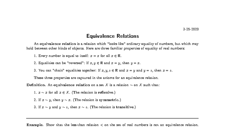 Equivalence Relations: Properties, Examples, and Proofs (MATH 101 ...