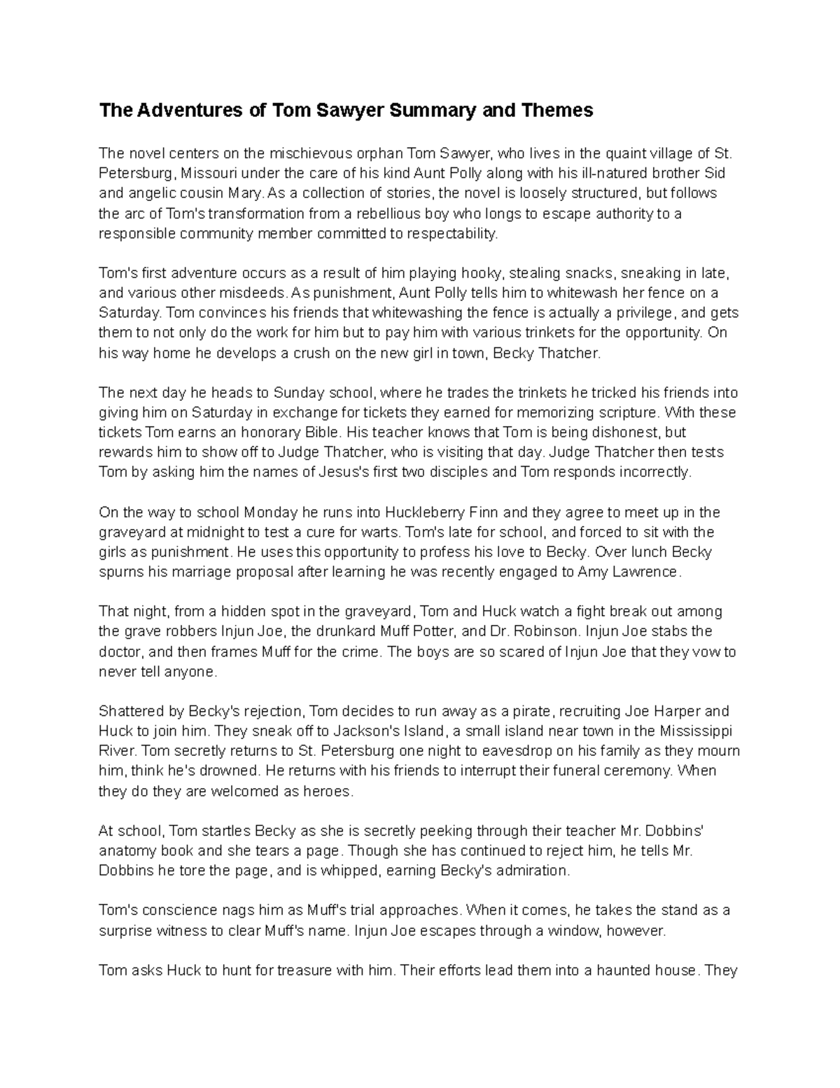 The Adventures of Tom Sawyer: Summary, Themes, and Insights - Studocu, image size:1200x1553