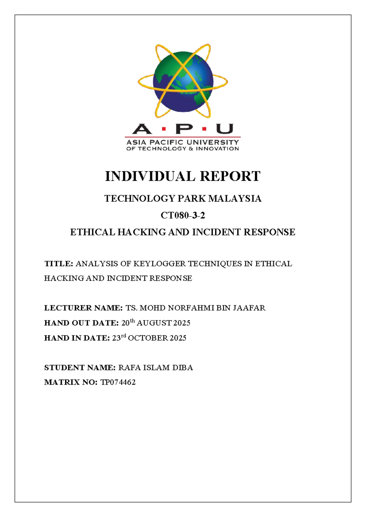 Ethical Hacking Individual Report - INDIVIDUAL REPORT TECHNOLOGY PARK ...