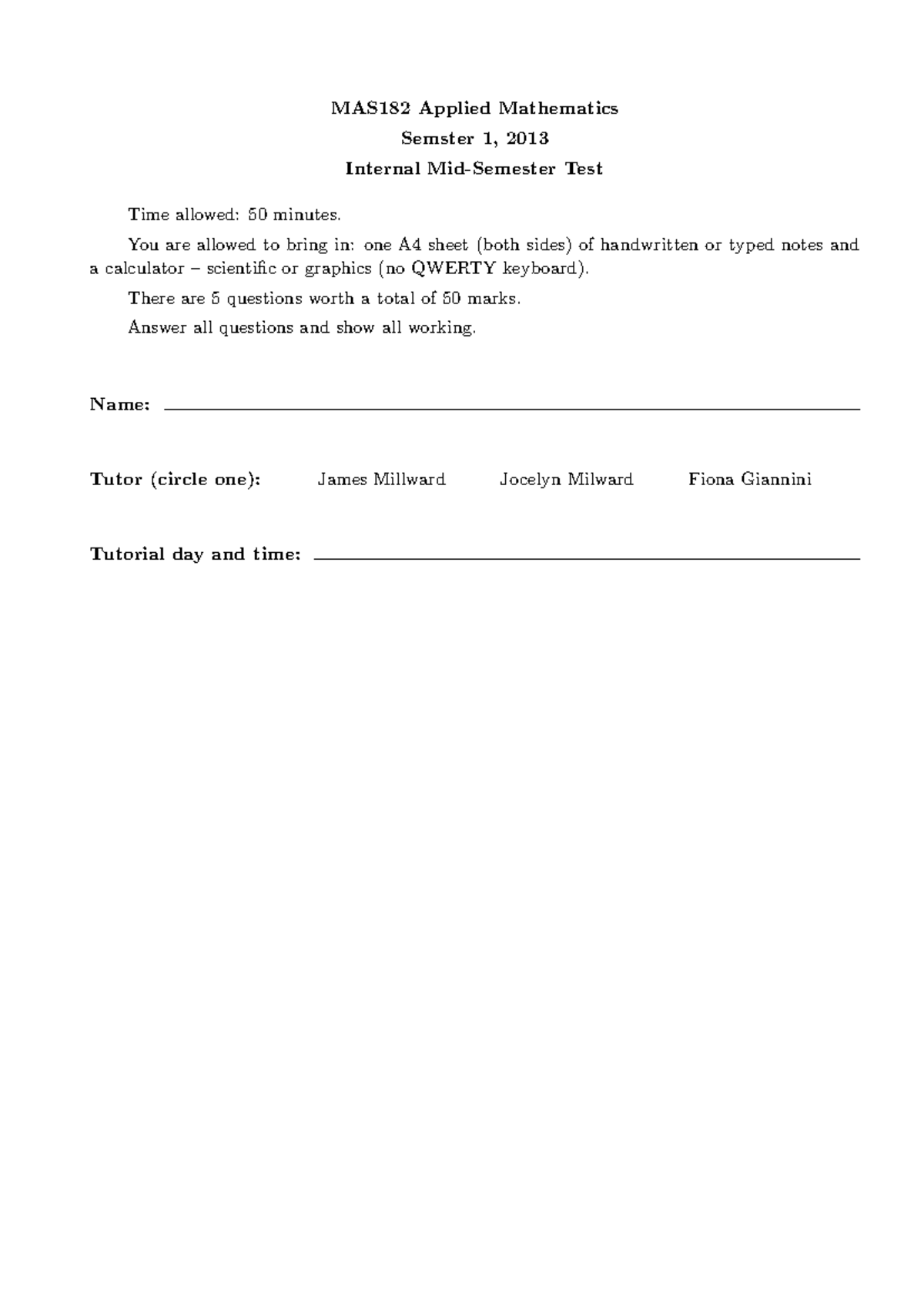 MAS182 Applied Mathematics S1 2013 Internal Test Practice Notes - Studocu