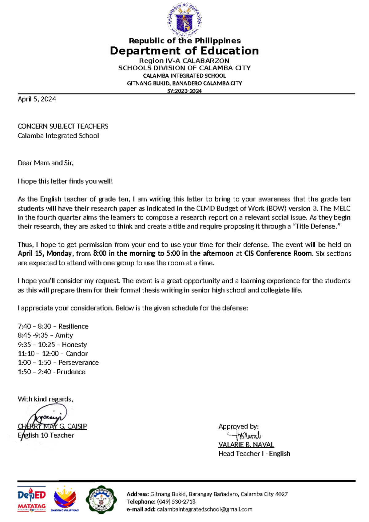 Request for Permission: Title Defense for Grade 10 Students - Studocu