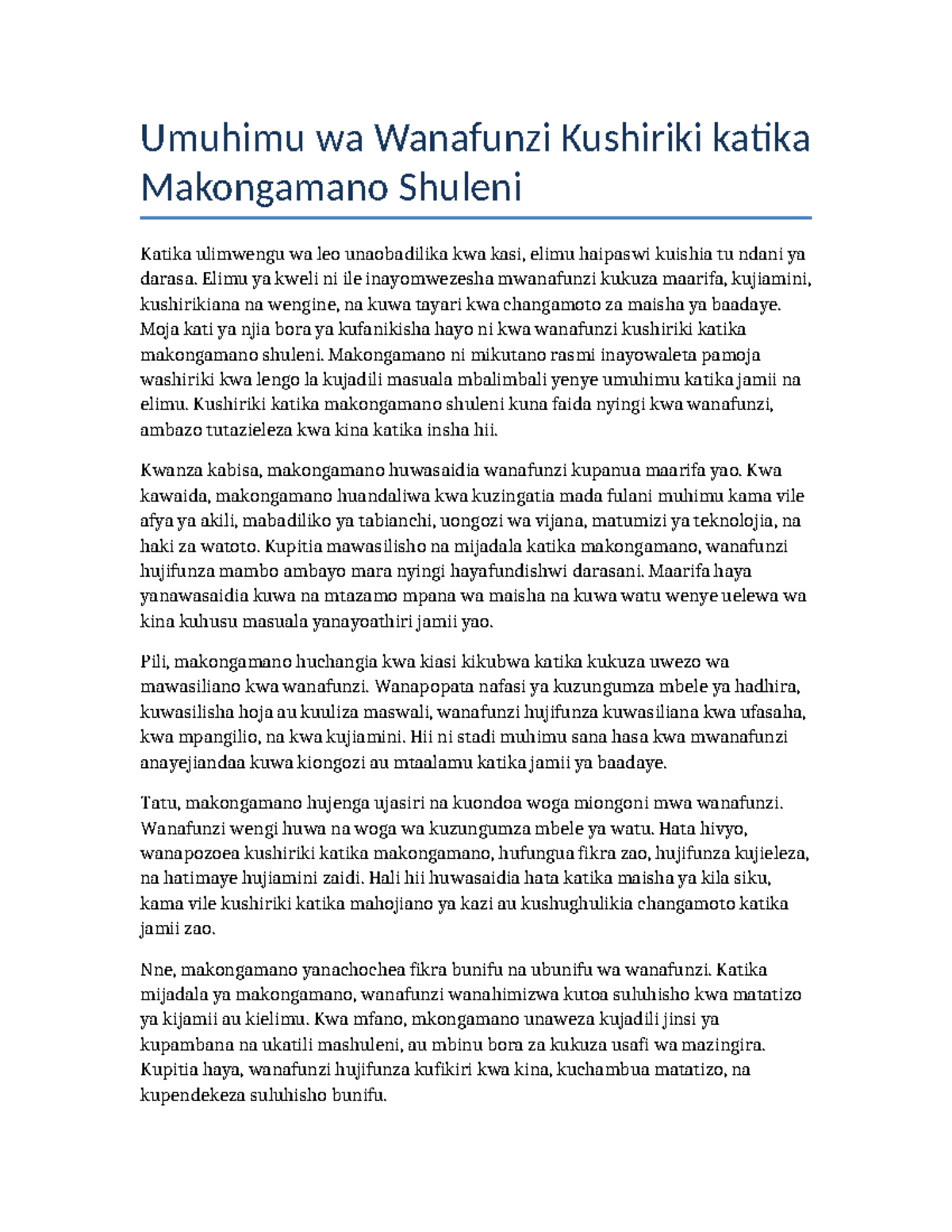 Umuhimu wa Wanafunzi Kushiriki katika Makongamano Shuleni - Studocu