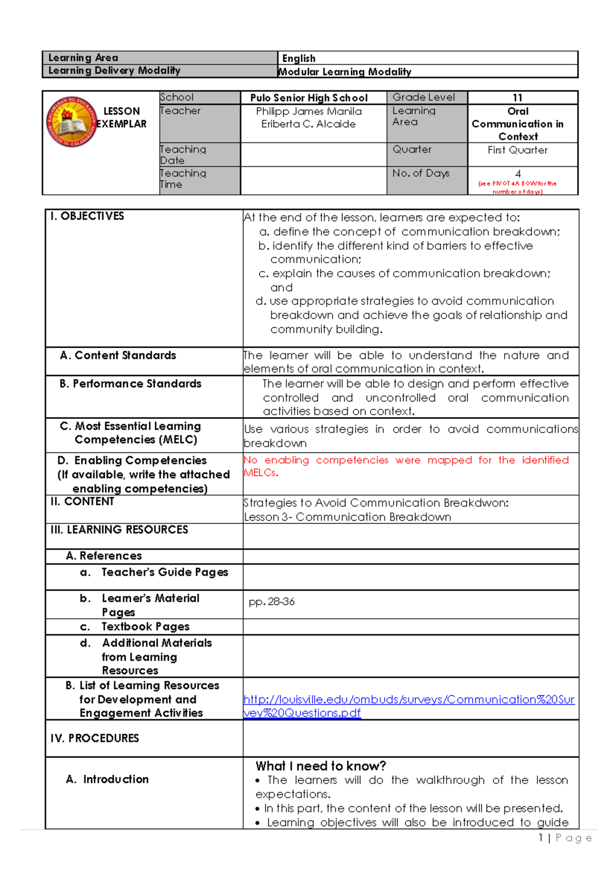 Communication Breakdown in Oral Com LE - 1Q Week 3 Lesson Plan - Studocu