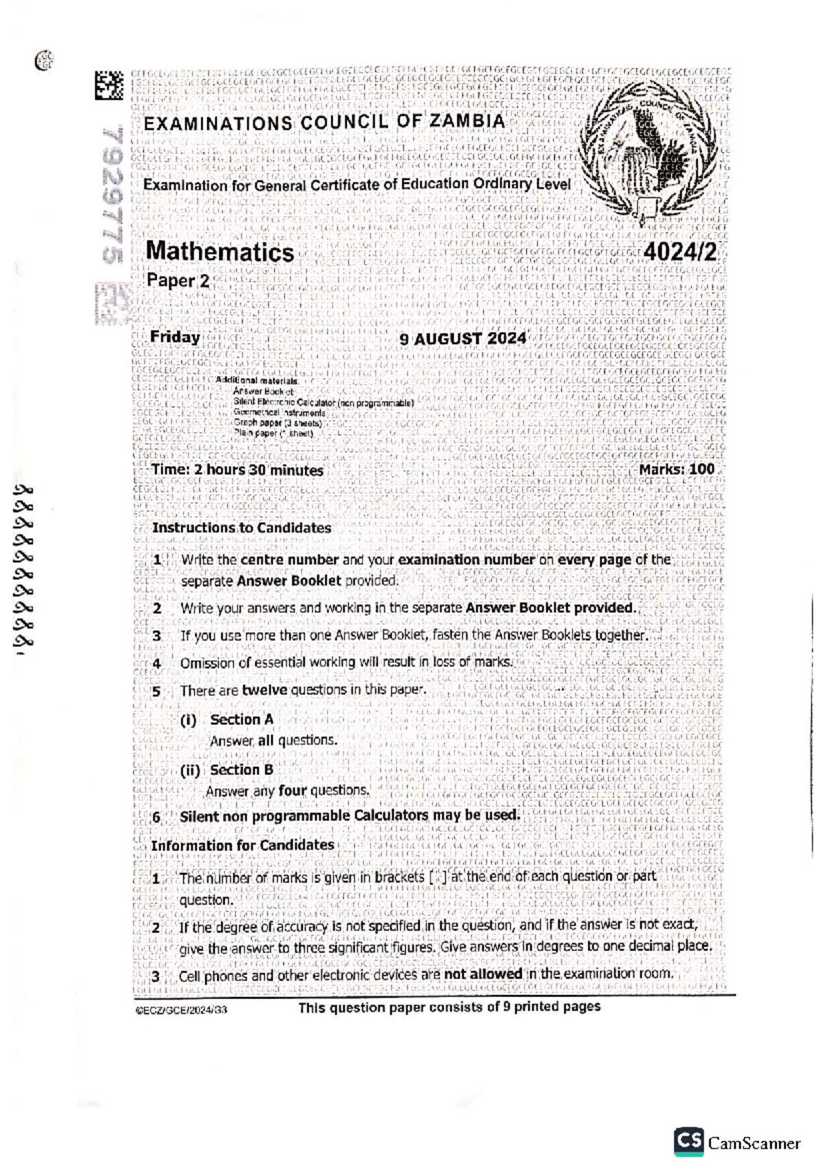 GCE Mathematics Paper 2 Exam - 9 August 2024 (GCEGCE) - Studocu
