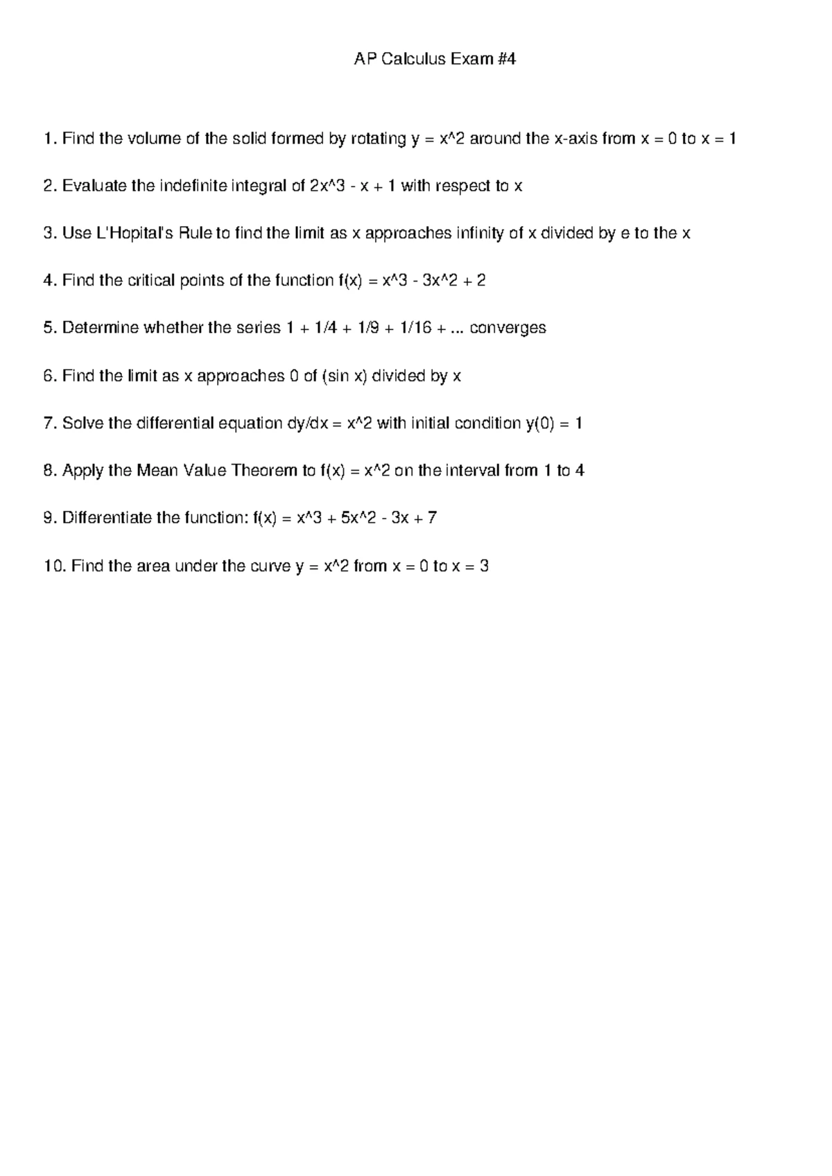 AP Calculus AB Exam 1 Review: Critical Points, Limits, and Integrals ...