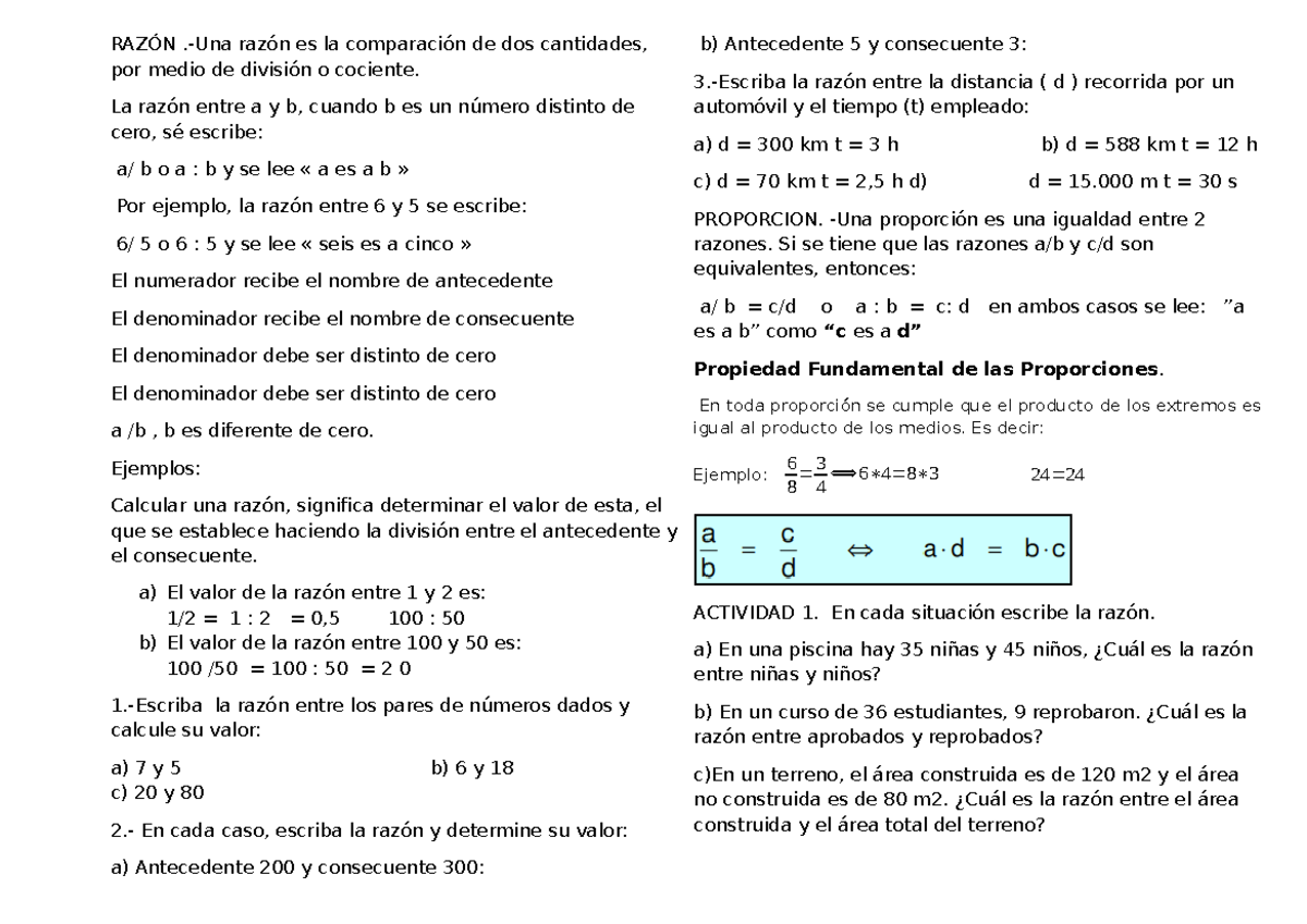 Razón y Proporciones - MATEMATICA - Studocu