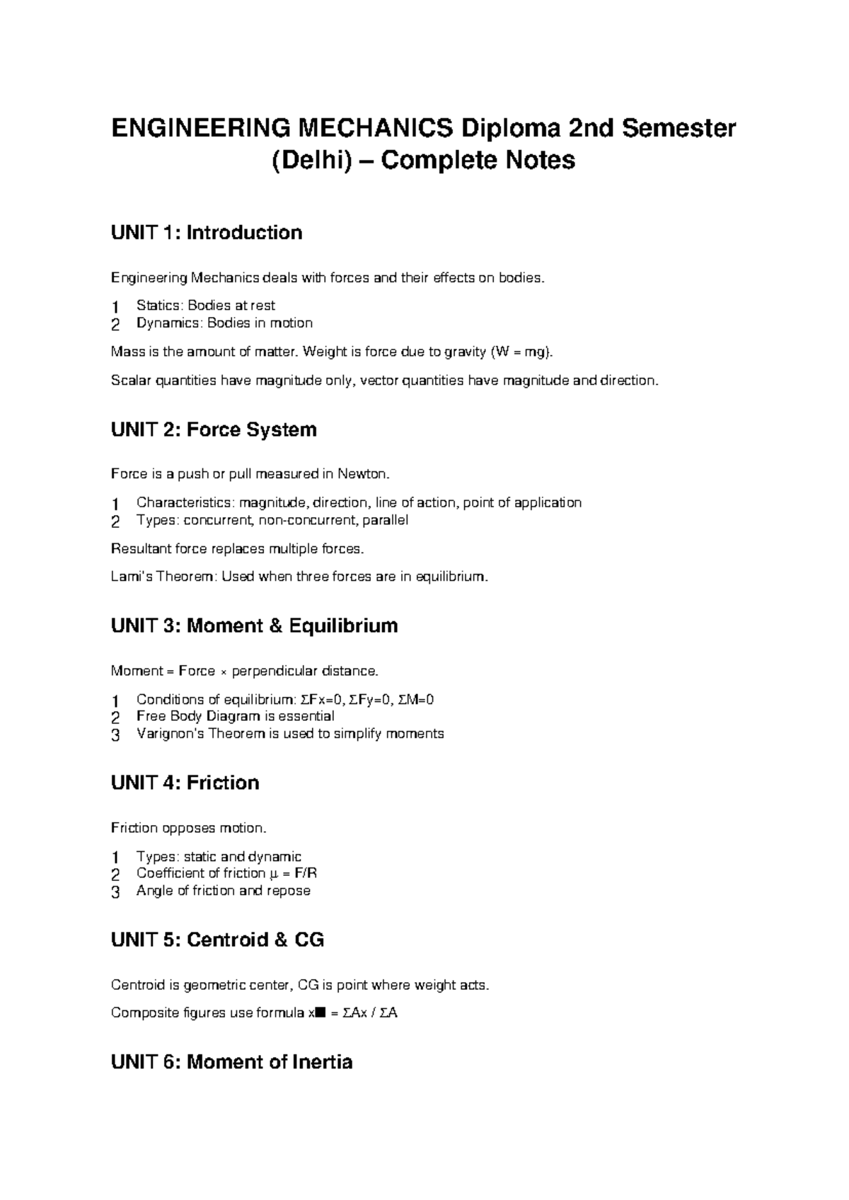Engineering Mechanics Diploma 2nd Sem Complete Notes - Studocu