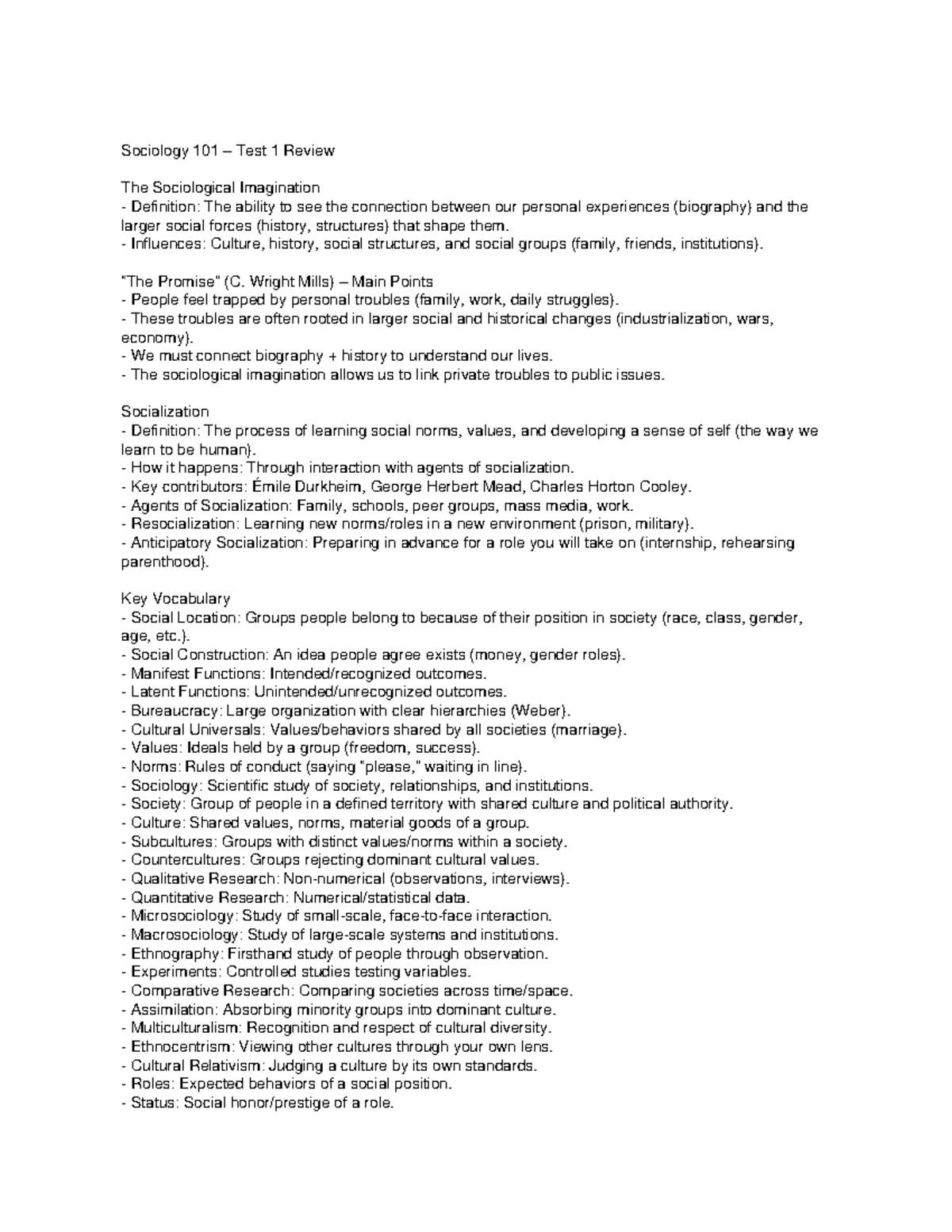 Sociology 101 - Test 1 Review: The Sociological Imagination & Key ...