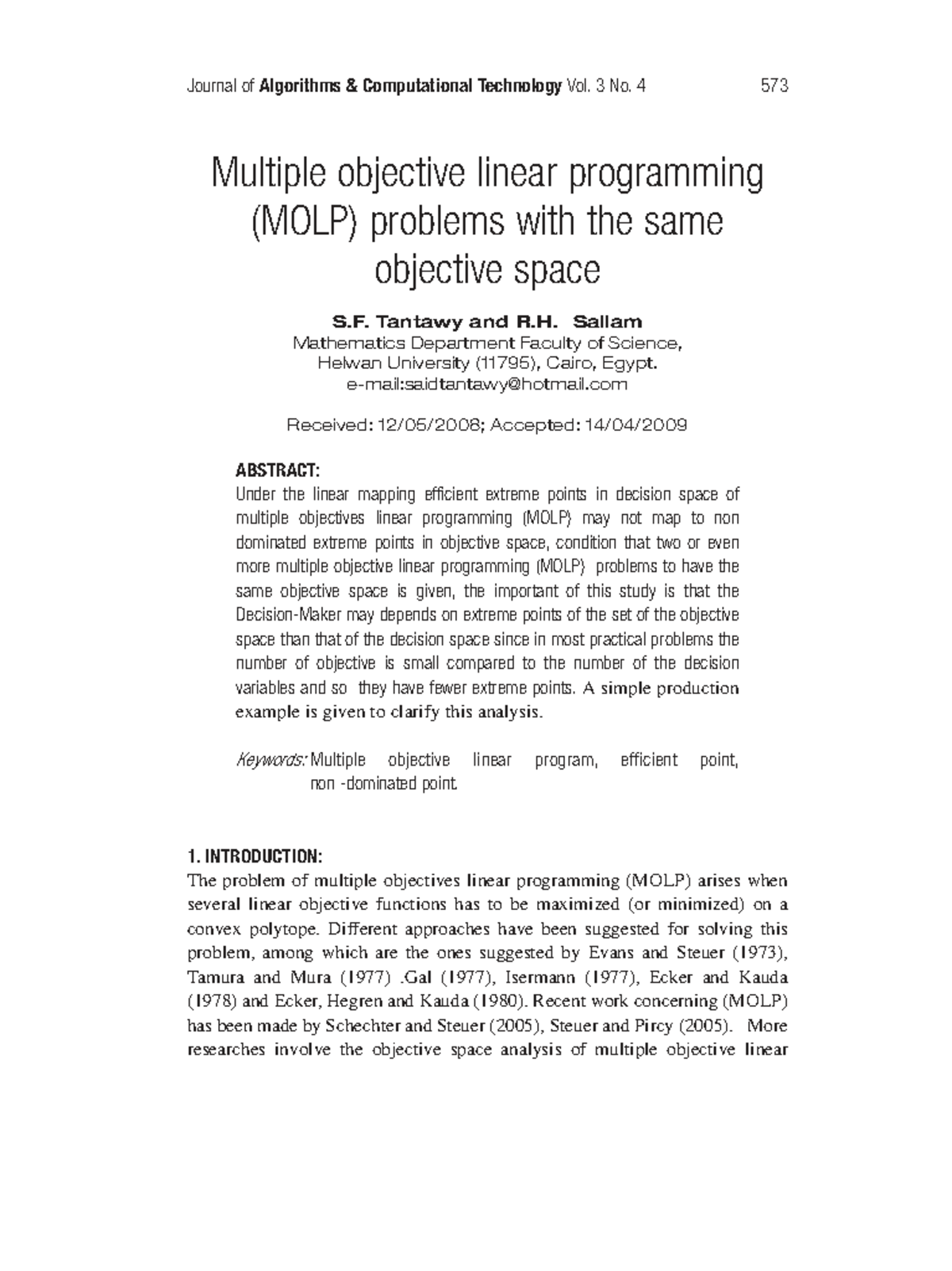 Multiple Objective Linear Programming (MOLP) Problems with Same ...