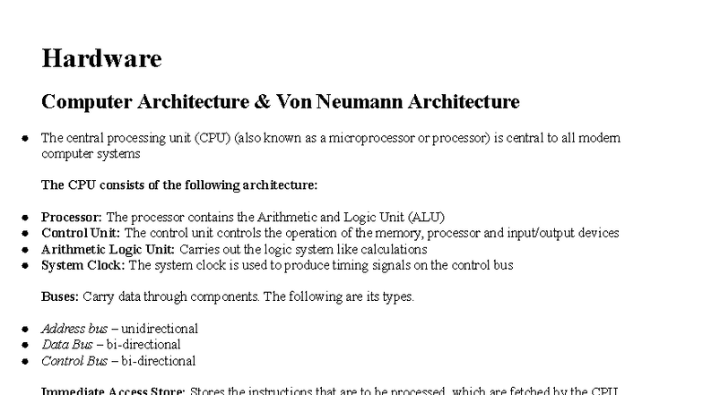 Ch 3: Hardware Computer Architecture and Von Neumann Model - Studocu