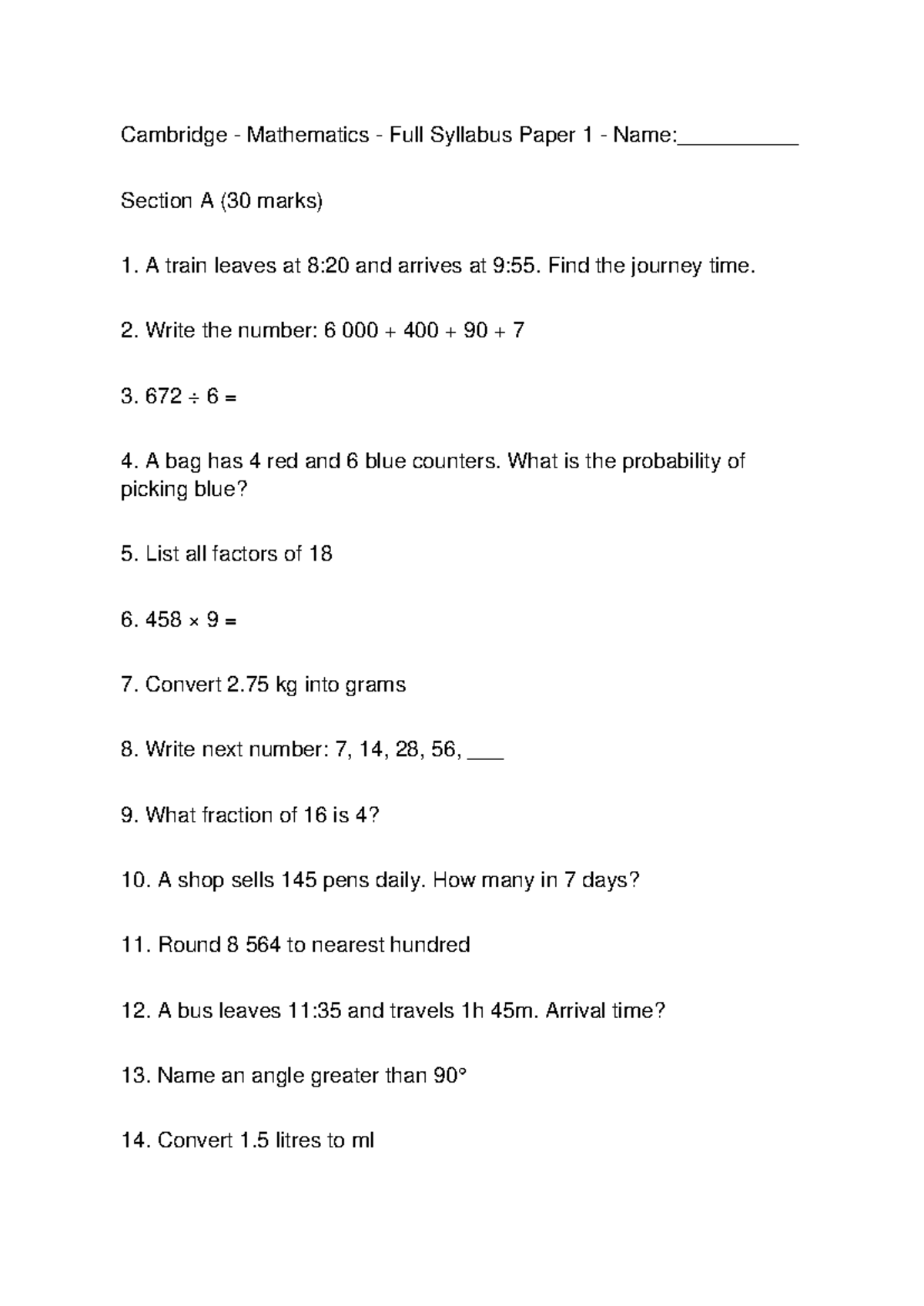 Cambridge Y4 Maths Paper 1 Difficult Set 3 Questions - Studocu