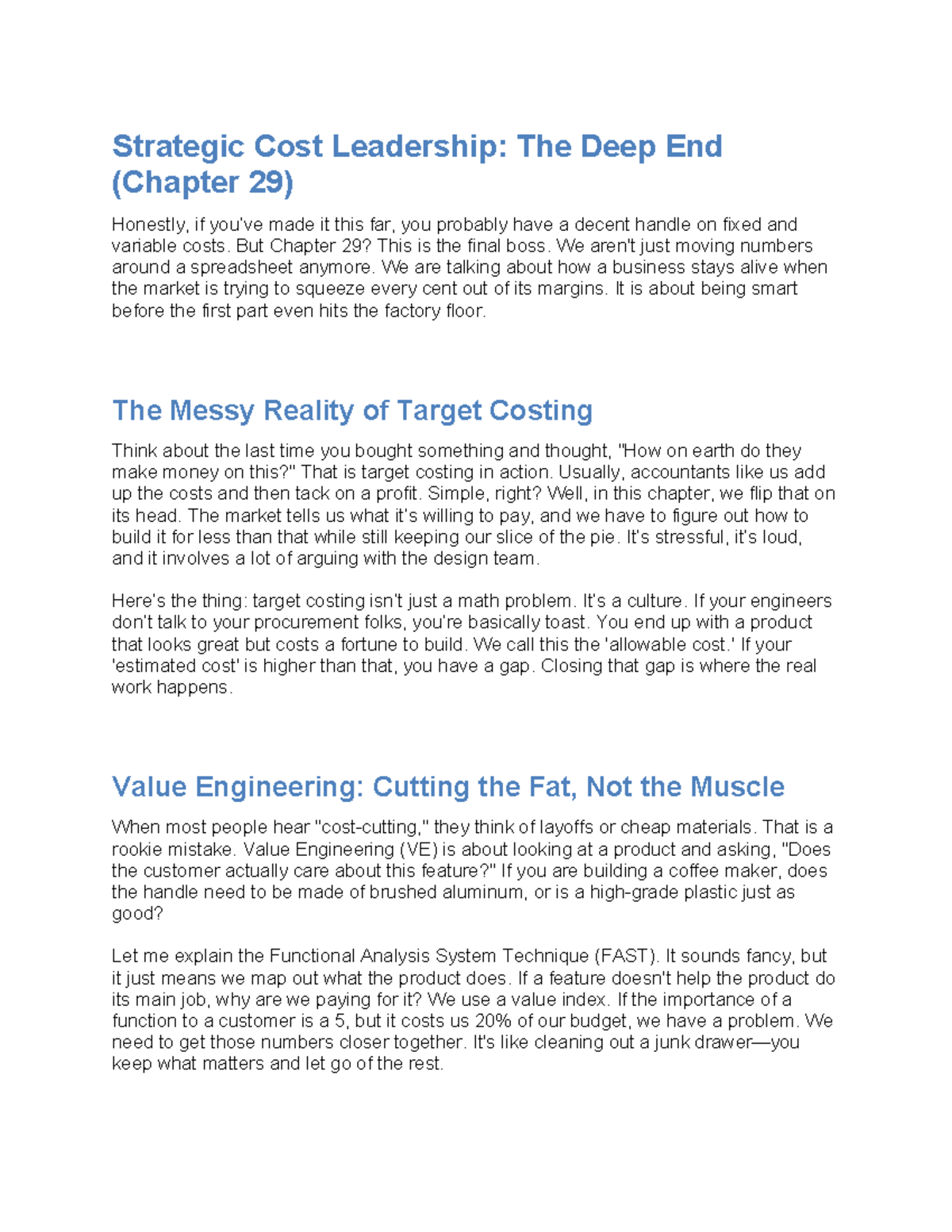 Strategic Cost Leadership: Target Costing & Value Engineering (Ch 29 ...