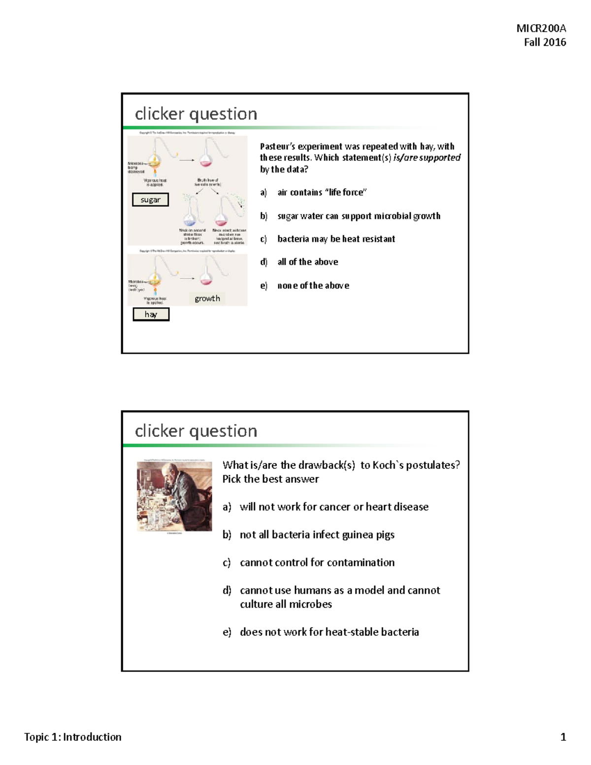 Clicker Questions lectures 1 to 5 - MICR200AFall Topic 1: Introduction ...
