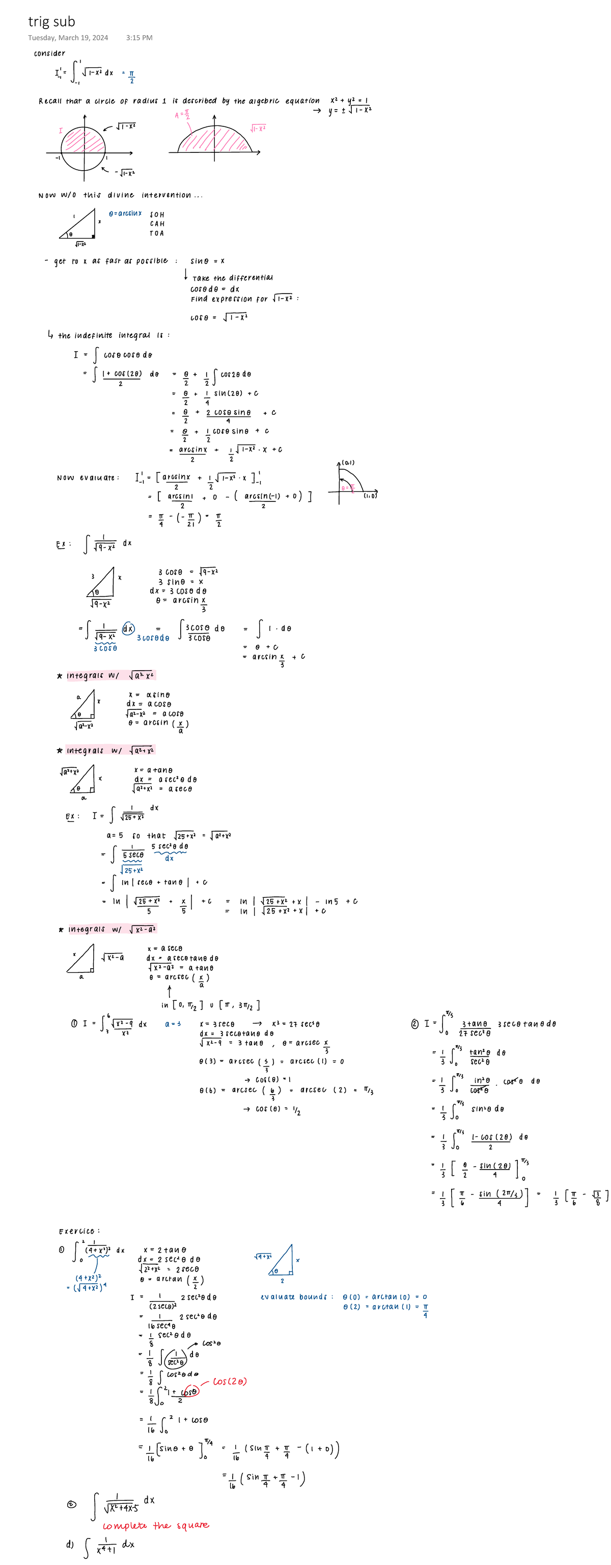 Trig Substitution Techniques - Math 101 Final Exam Notes - Studocu