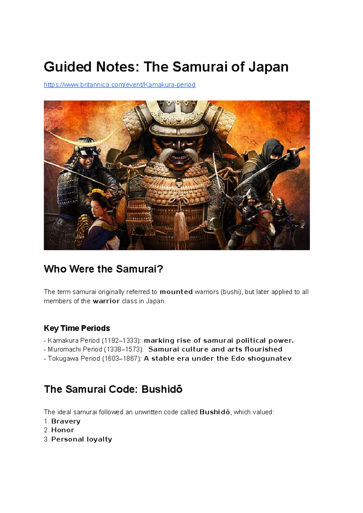 G7 Guided Notes: Understanding the Samurai of Japan and Their Code ...