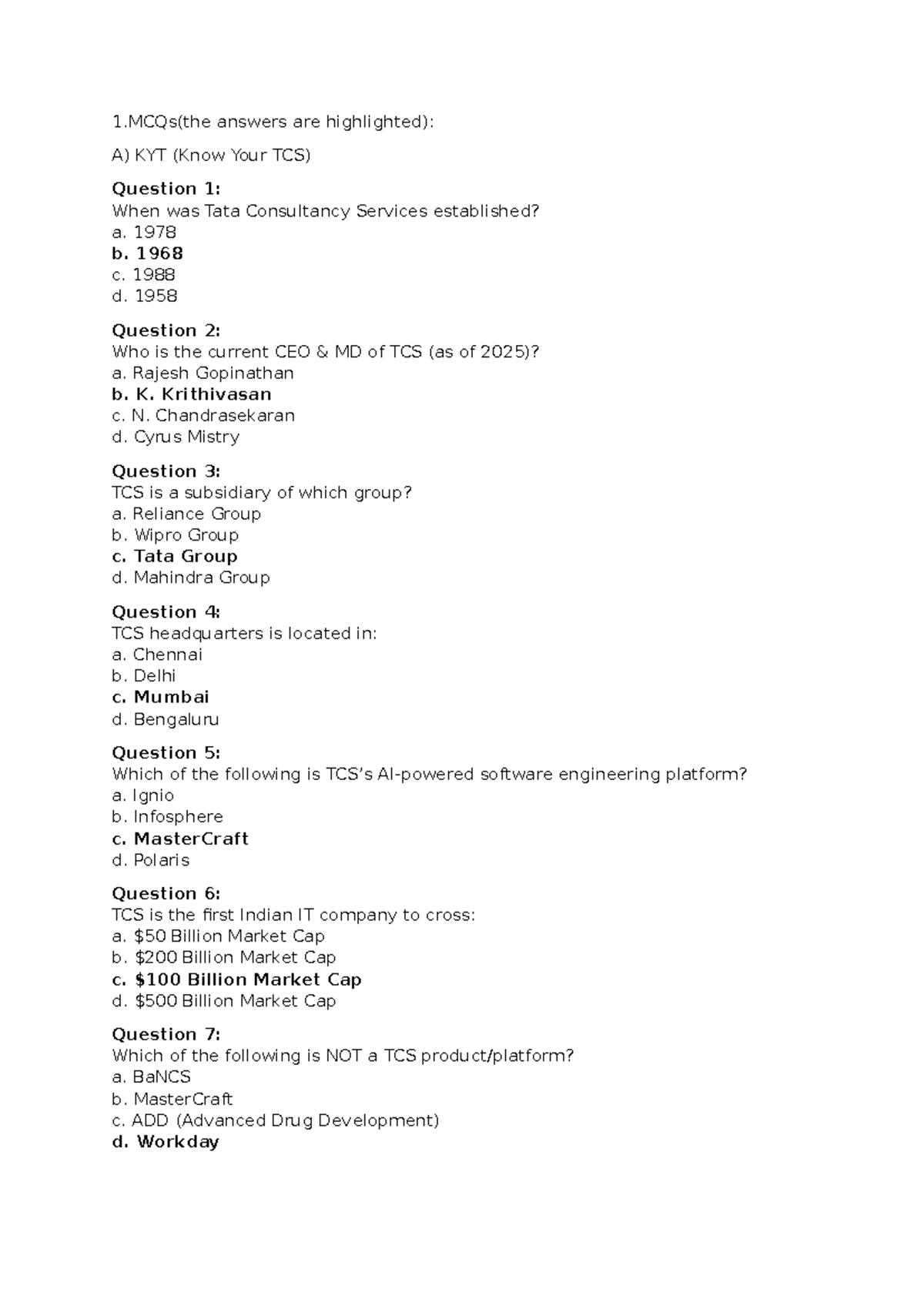 1. TCS 1.MCQs: Know Your TCS & BizSkill Questions and Answers - Studocu