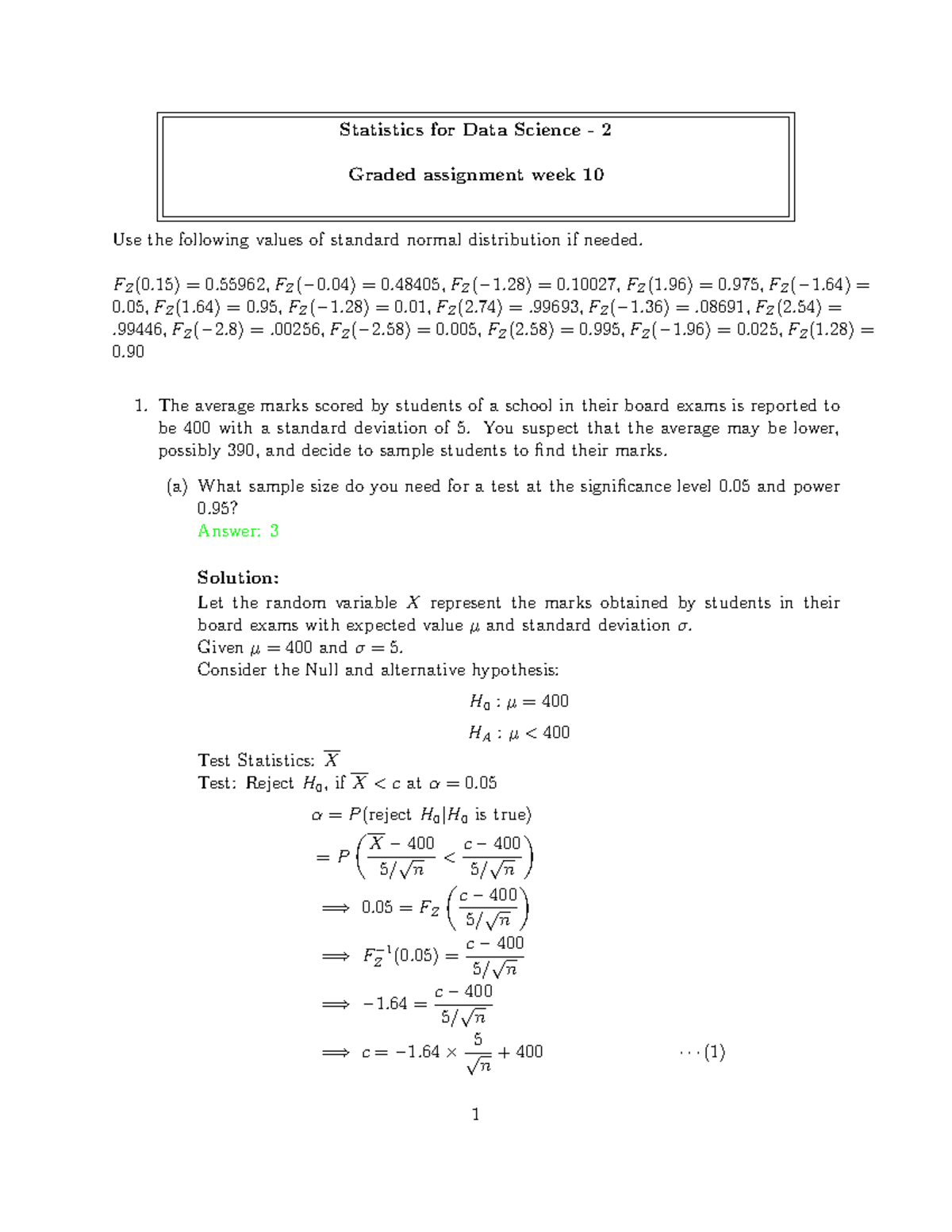 GA W11 S1 - Statistics Week 10 Assignment Solutions - Studocu