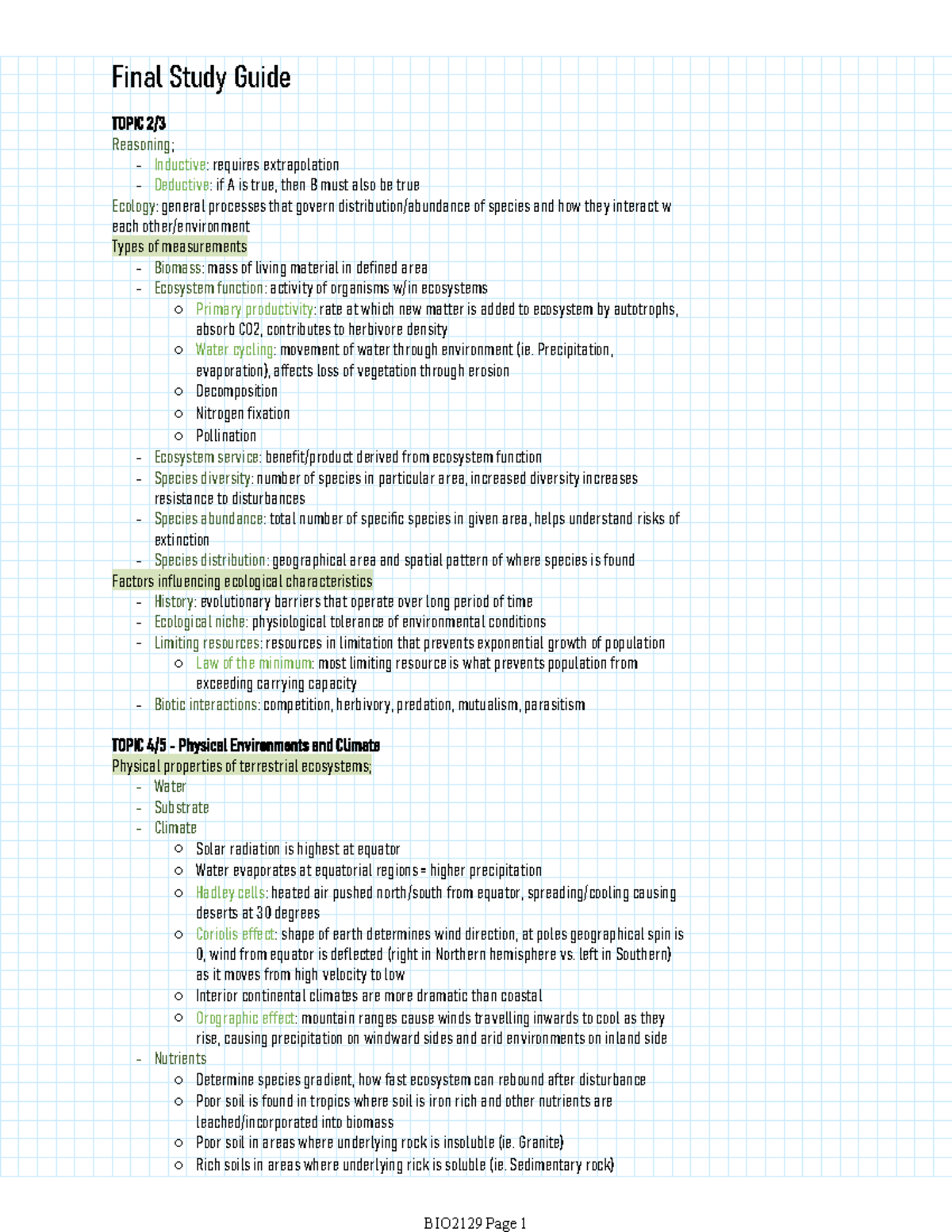 BIO2129 Final Exam Study Guide: Key Concepts in Ecology and ...