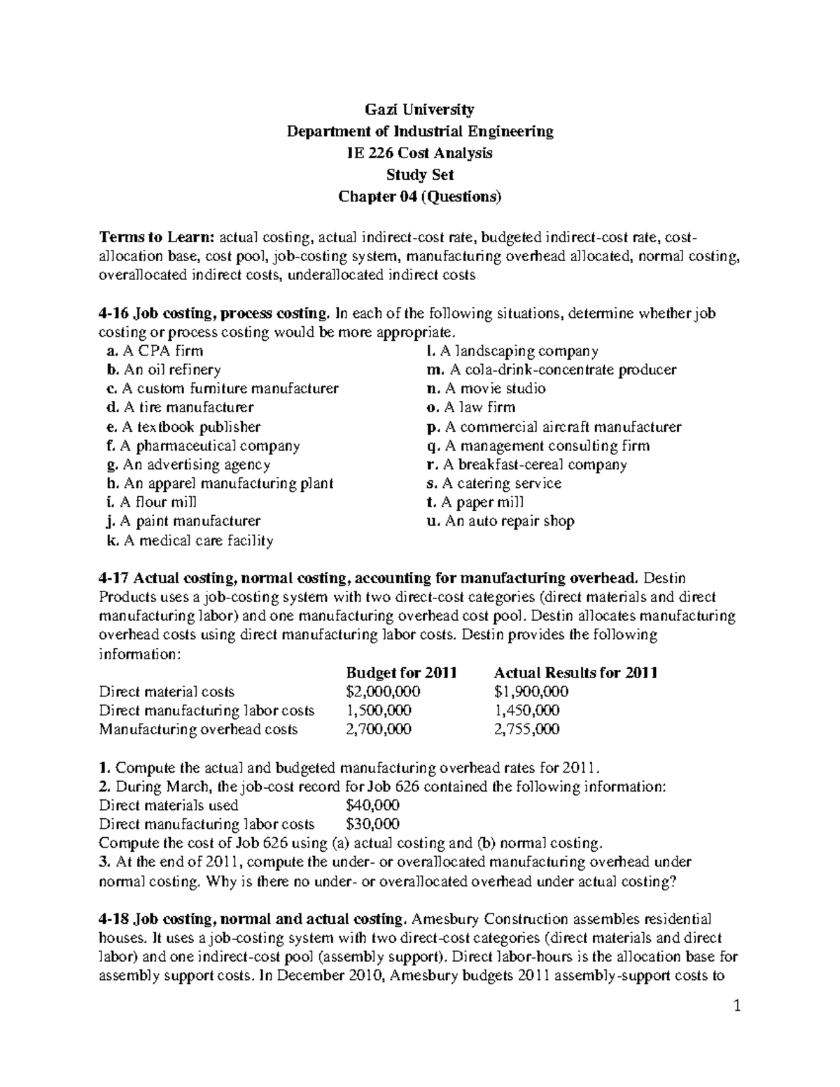 IE 226 Cost Analysis Study Set: Chapter 04 Job & Process Costing ...