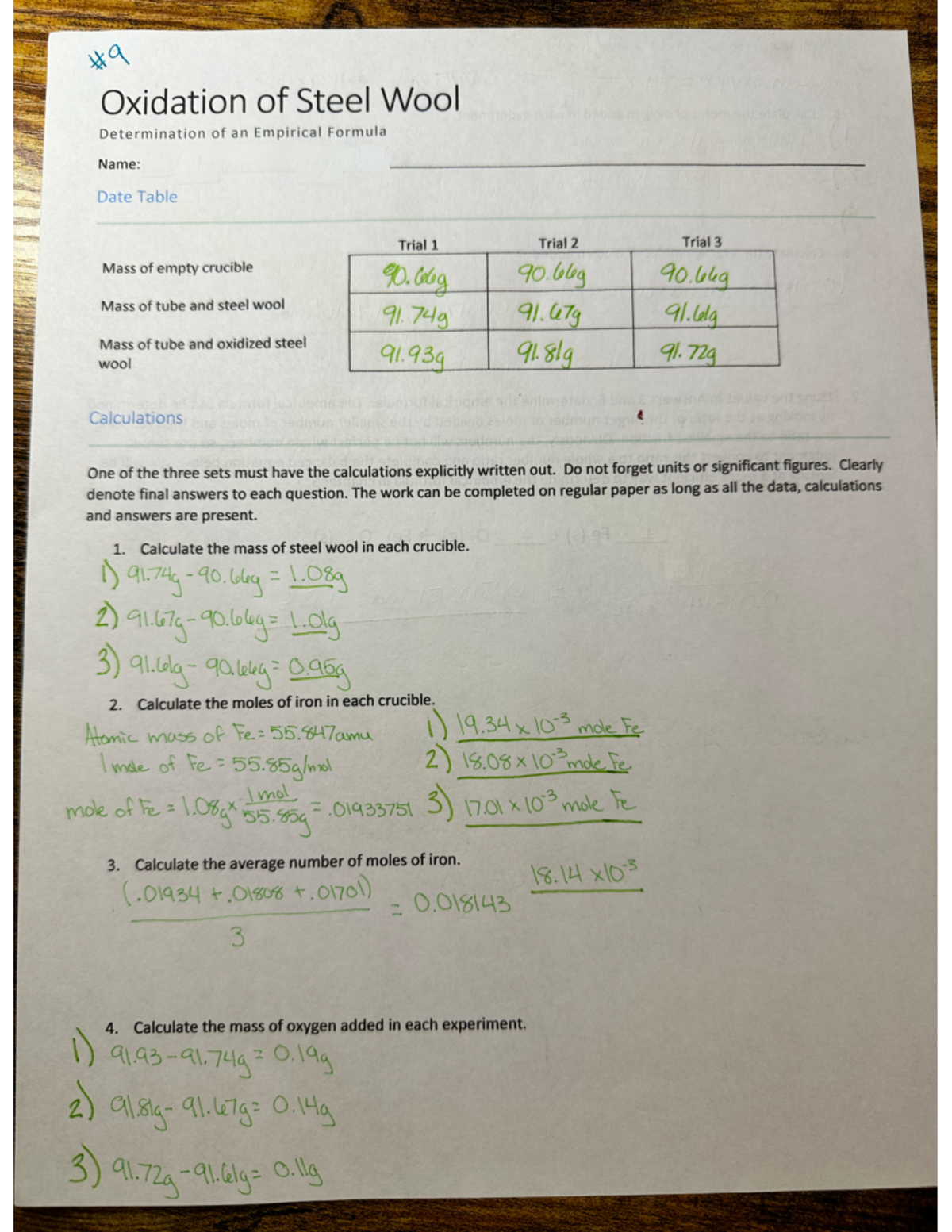 CHEM 101: Oxidation of Steel Wool - Empirical Formula Analysis - Studocu
